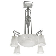 Art Deco 4 Arm Frosted Glass & Silvered Bronze Chandelier Signed Muller Frères