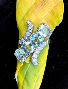 Art Deco 4 Carat Aquamarine 14 Diamond Ring Palladium Cocktail Engagement Ring