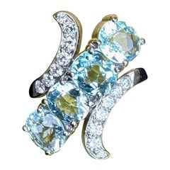 Bague de fiançailles cocktail Art déco avec aigue-marine de 4 carats et 14 diamants