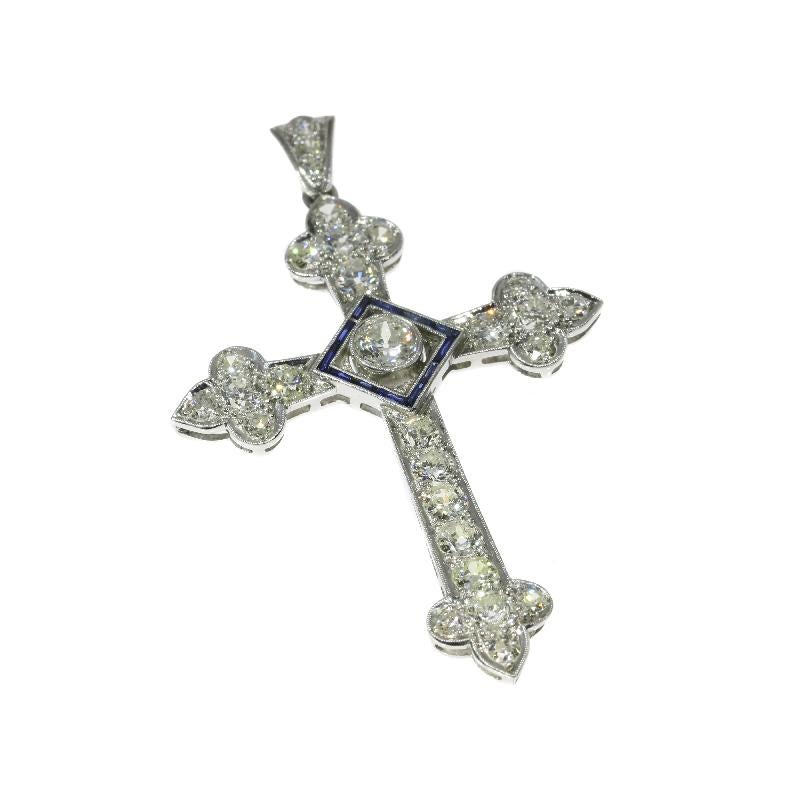 Old European Cut Art Deco 4 Carat Diamond and Sapphire Platinum Cross Pendant, 1920s