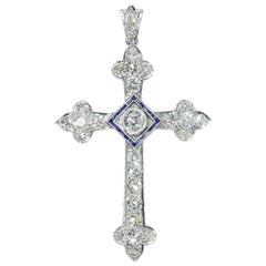 Art Deco 4 Carat Diamond and Sapphire Platinum Cross Pendant, 1920s