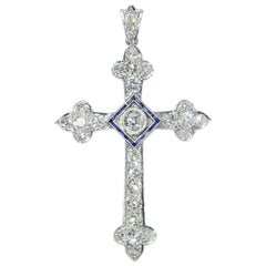 Art Deco 4 Carat Diamond and Sapphire Platinum Cross Pendant, 1920s Art Deco 4 Carat Diamond and Sapphire Platinum Cross Pendant, 1920s