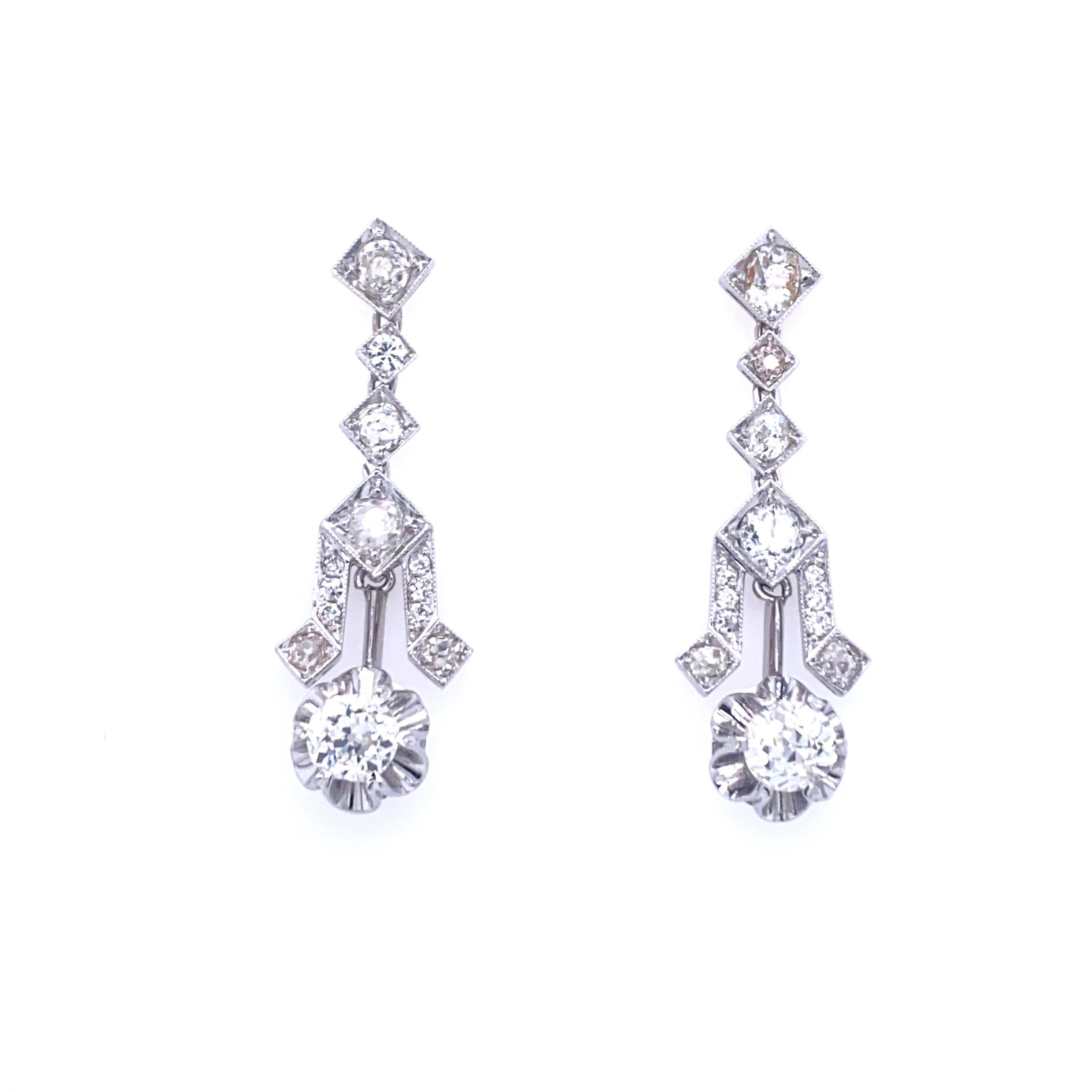 Old Mine Cut Art Deco 4 Carat Diamond Gold Drop Earrings