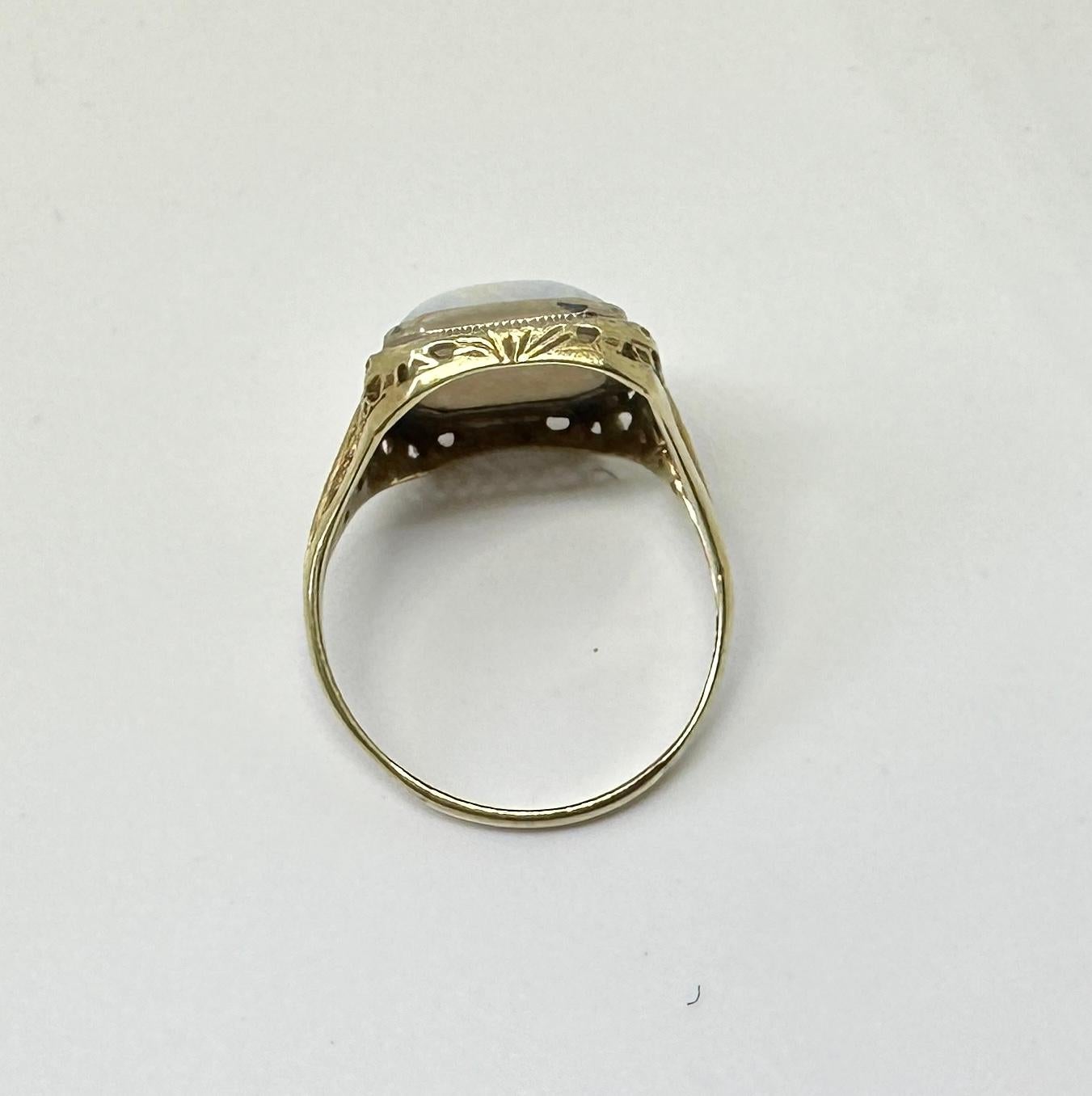 Art Deco 4 Carat Opal Ring 14 Karat Gold Hollywood Regency Antique Filigree For Sale 6