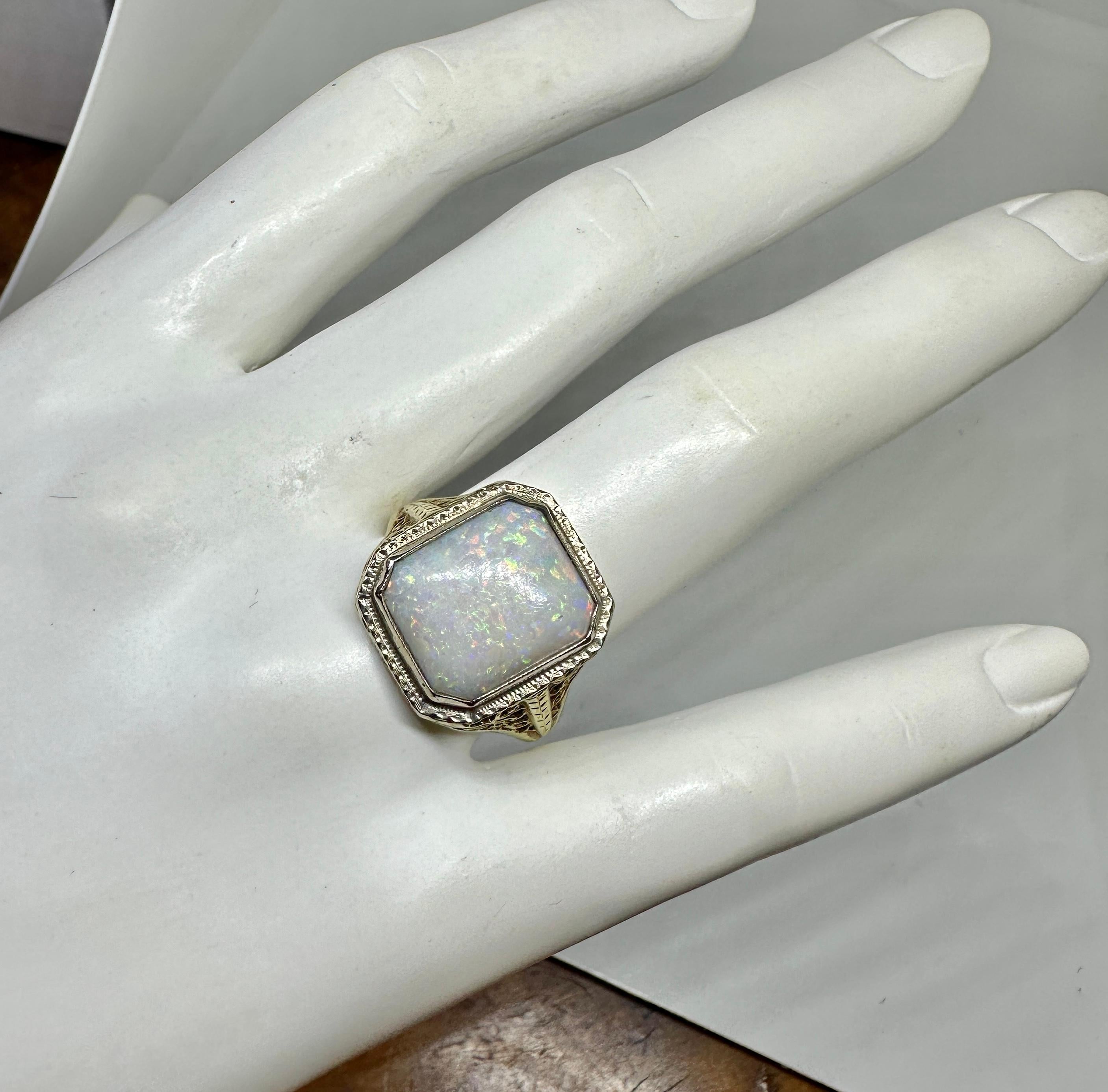 Art Deco 4 Carat Opal Ring 14 Karat Gold Hollywood Regency Antique Filigree For Sale 1