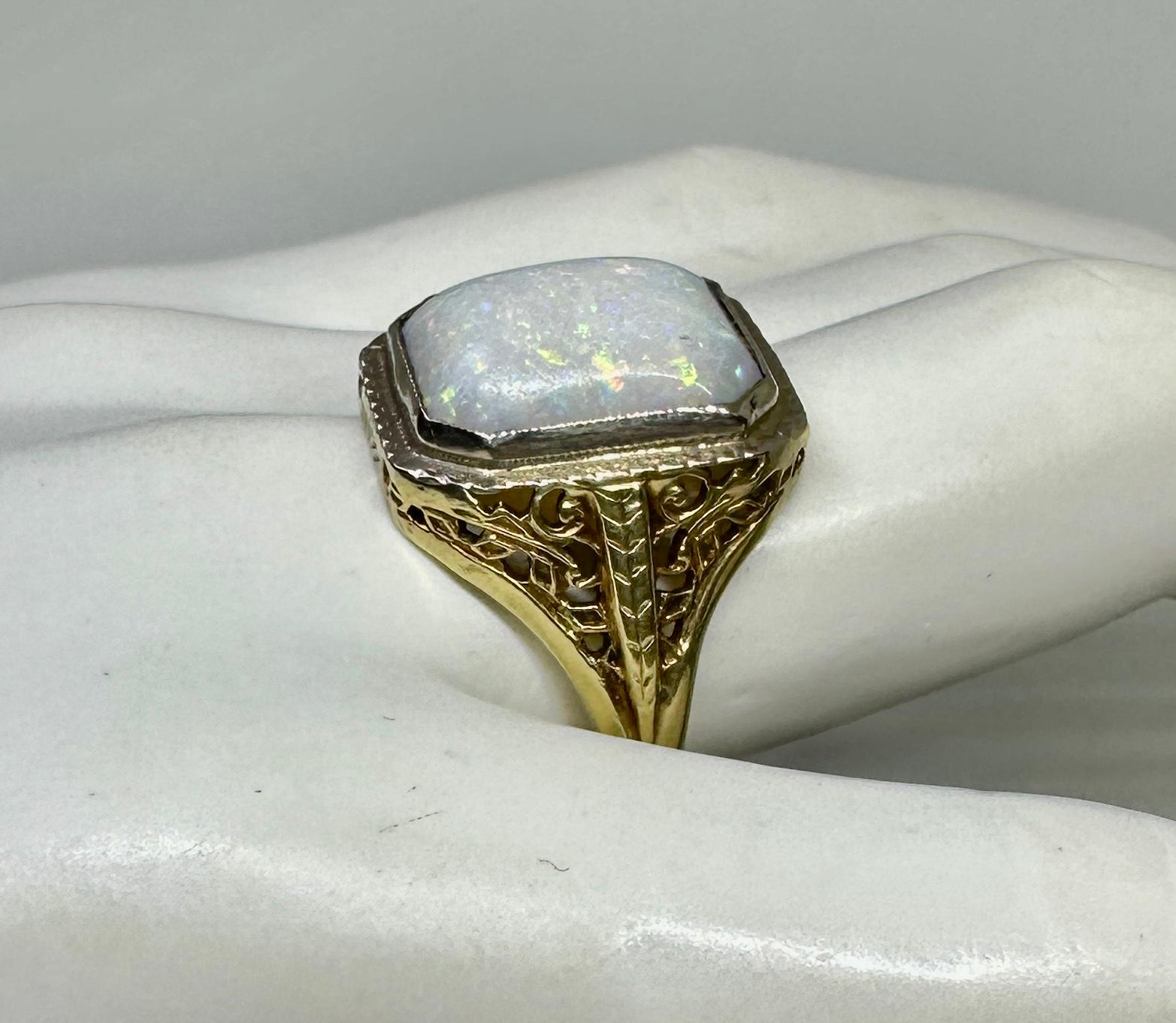 Art Deco 4 Carat Opal Ring 14 Karat Gold Hollywood Regency Antique Filigree For Sale 2