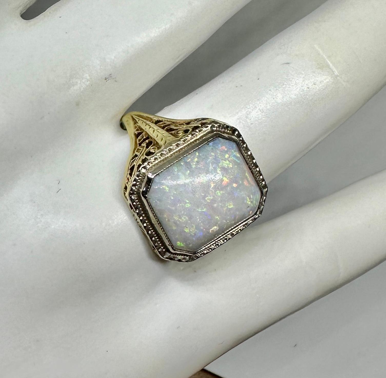 Art Deco 4 Carat Opal Ring 14 Karat Gold Hollywood Regency Antique Filigree For Sale 3