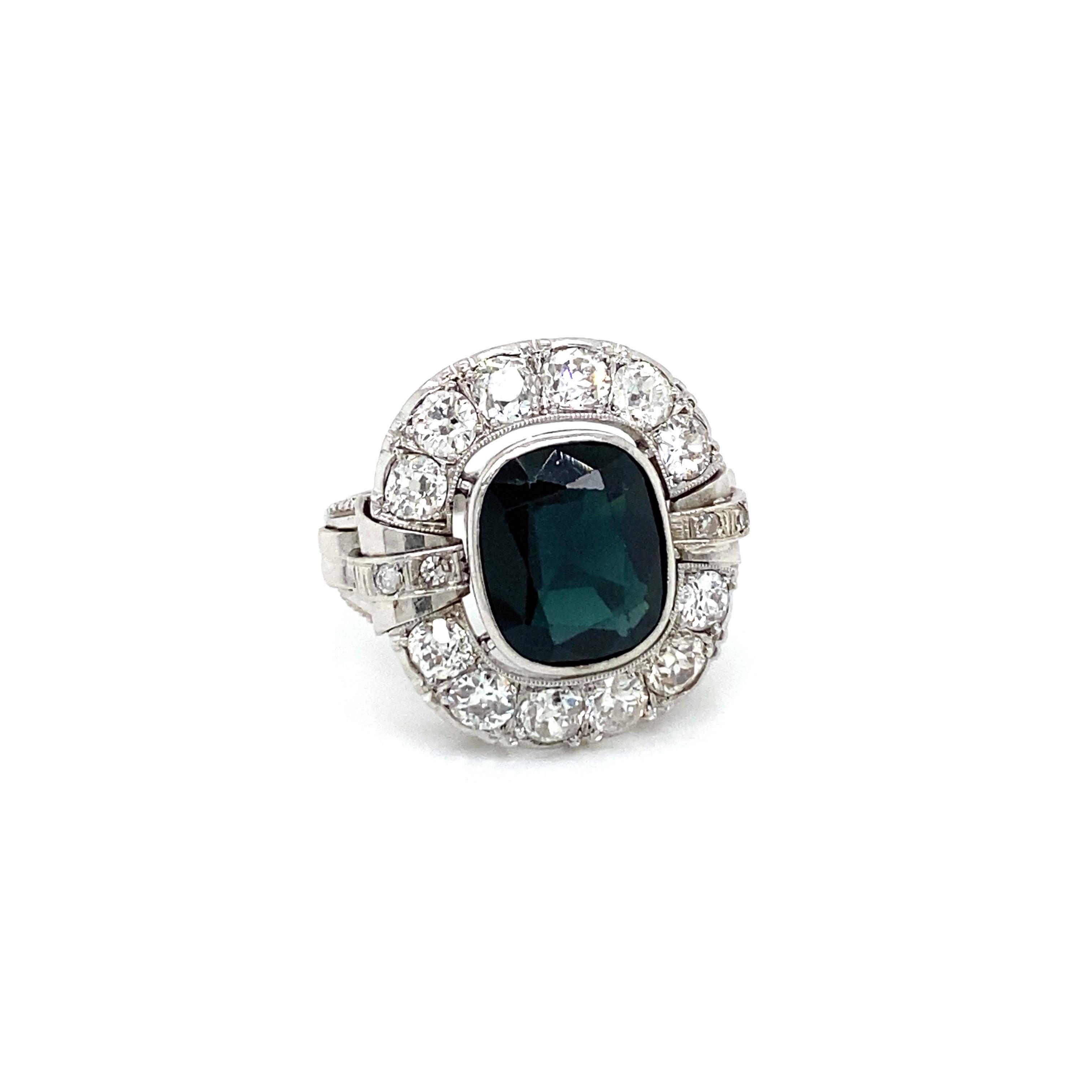 Mixed Cut Art Deco 4 Carat Sapphire Diamond Engagement Ring
