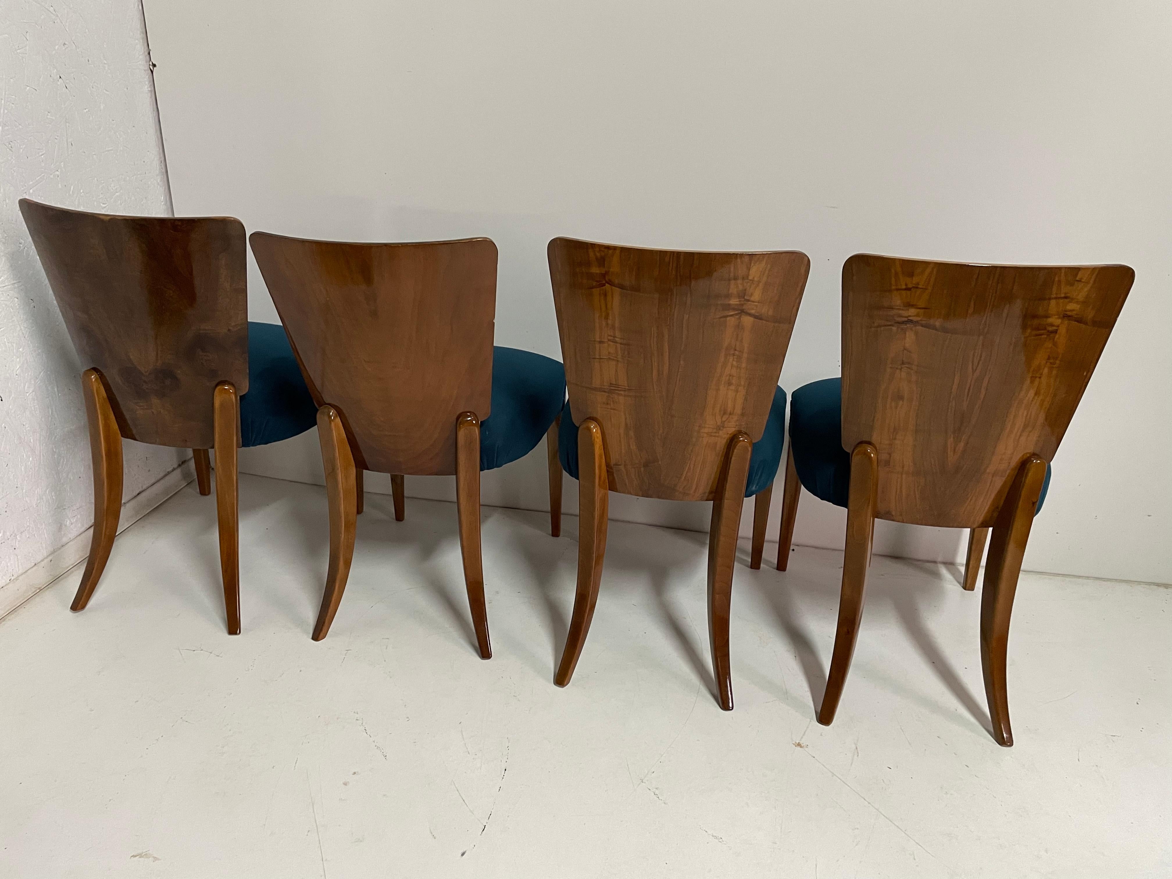 Walnut Art Deco 4 Chairs J. Halabala For Sale