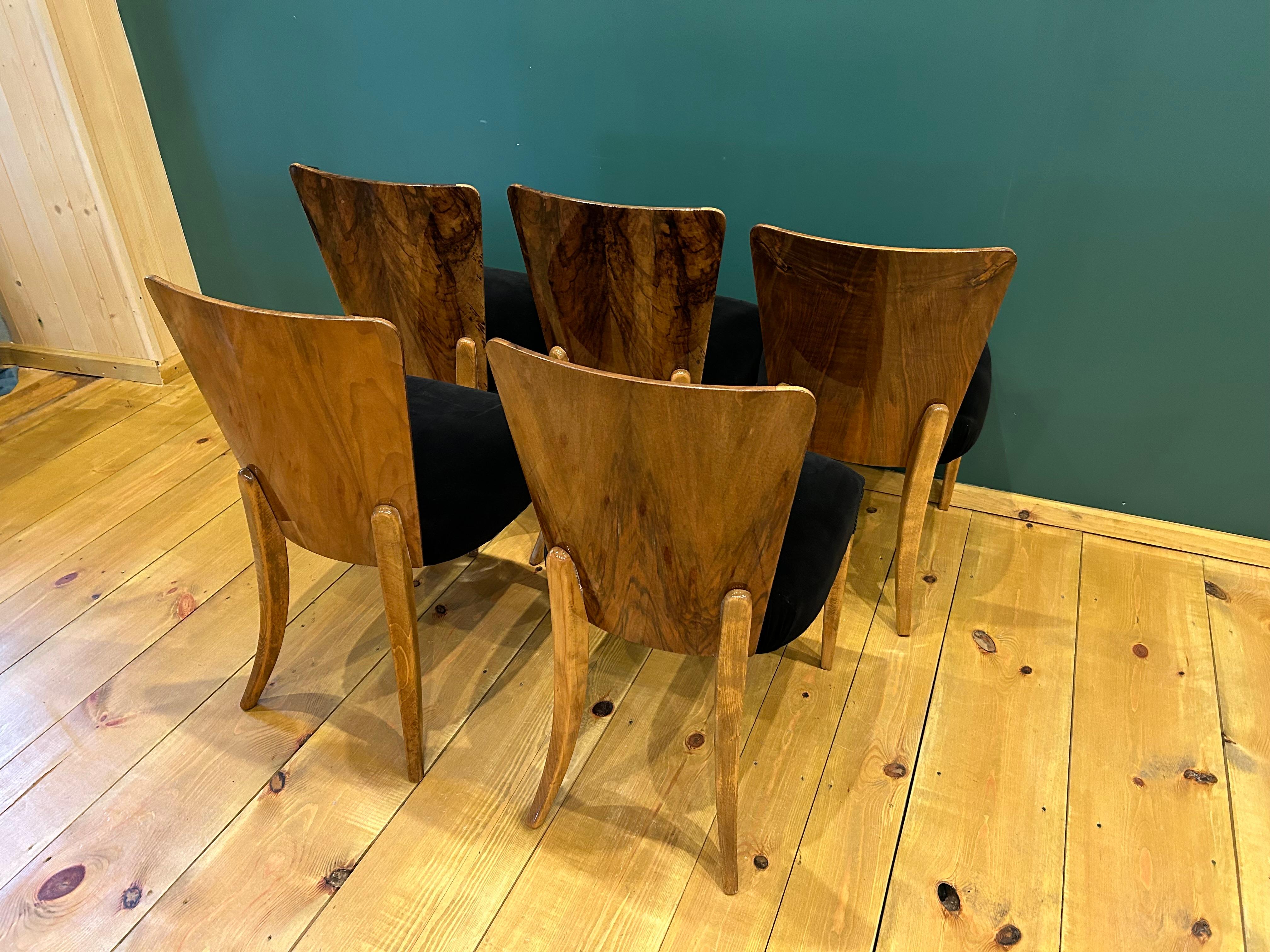 Walnut Art Deco 5 Chairs J. Halabala For Sale
