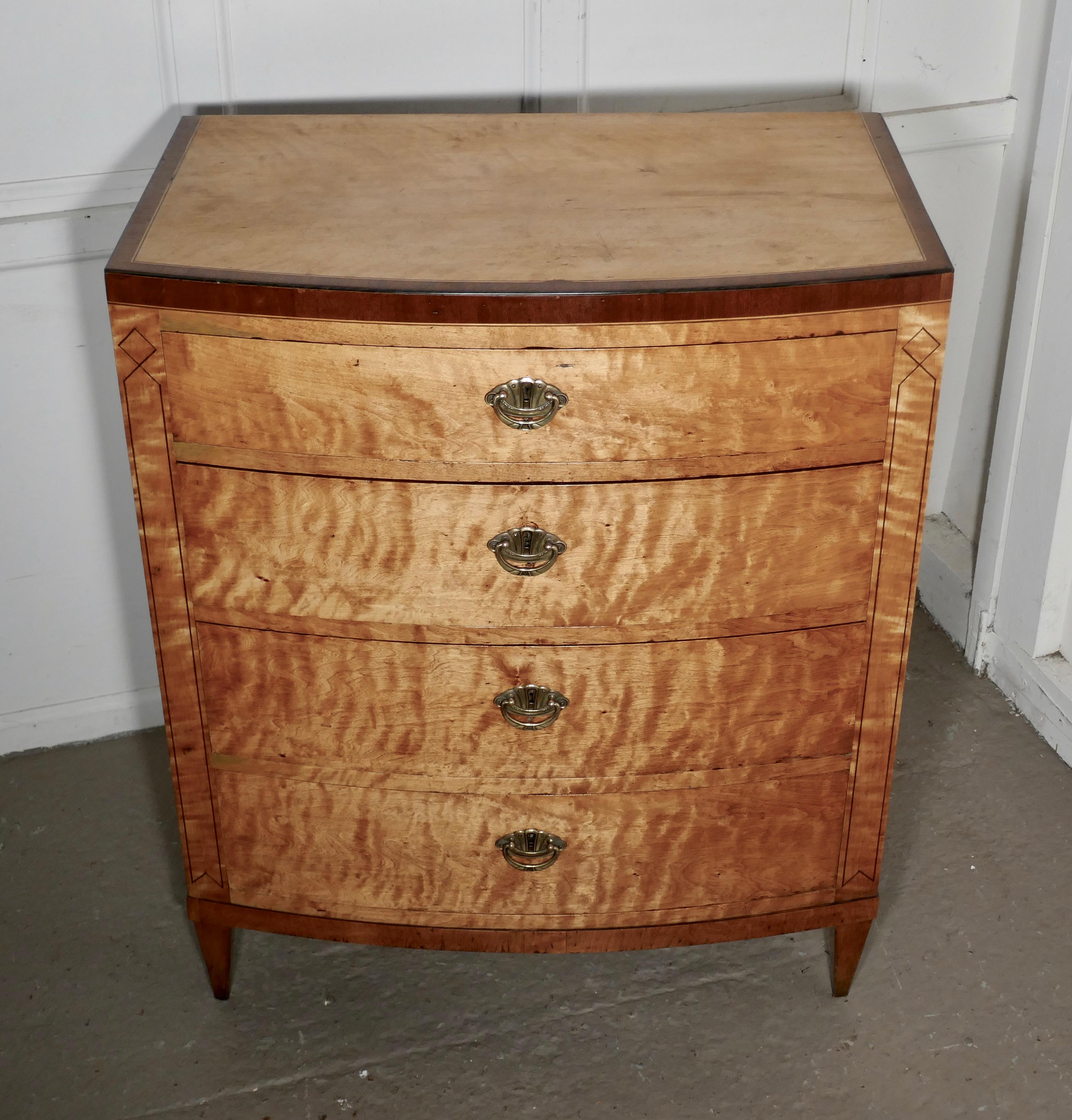 Art Deco 4 drawer bow front chest of drawers in bird’s-eye maple

This is an elegant and stylish piece from the Art Deco period, it is made with superb matched veneers in bird’s-eye Maple with a contrasting band of mahogany and decorative Inlaid