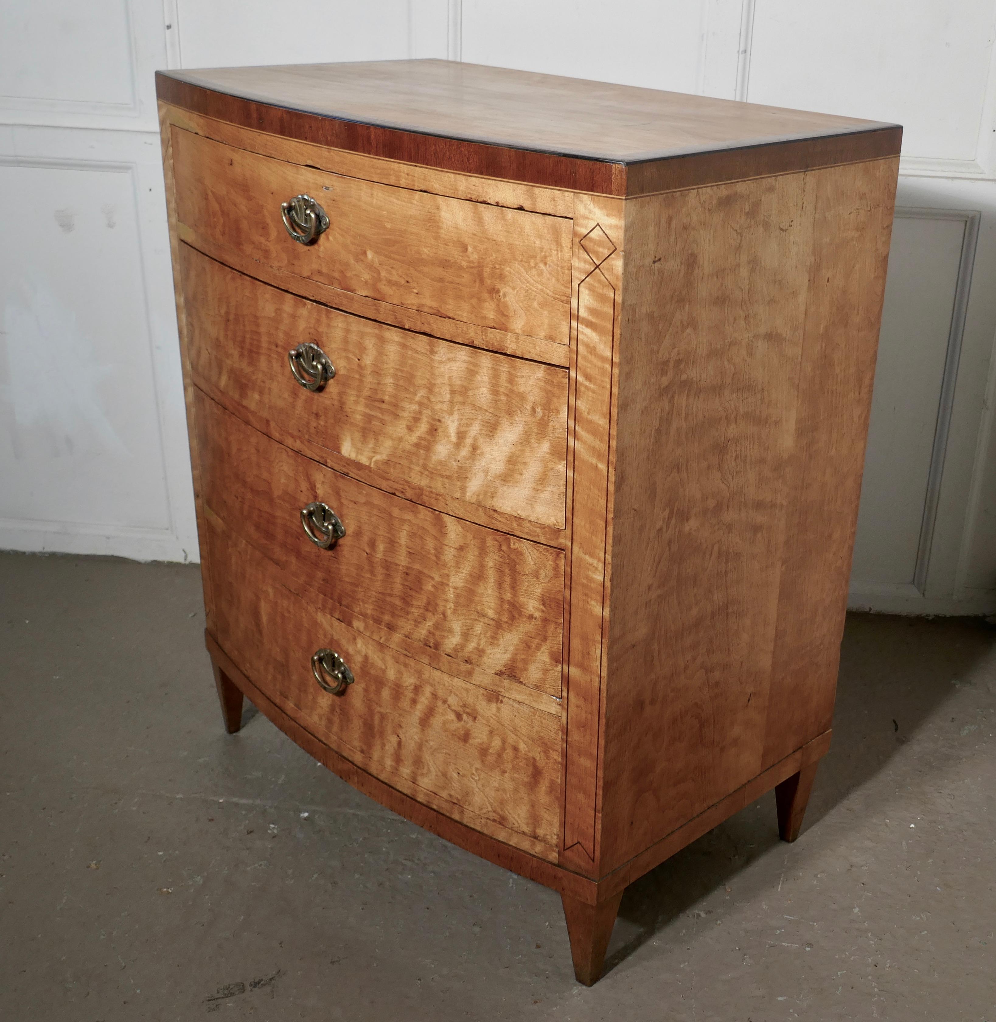 20th Century Art Deco 4 Drawer Bow Front Chest of Drawers in Bird’s-Eye Maple