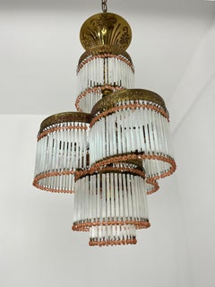 Art Deco 4-Light Chandelier in Brass and Glass, 1940s, colored fringe