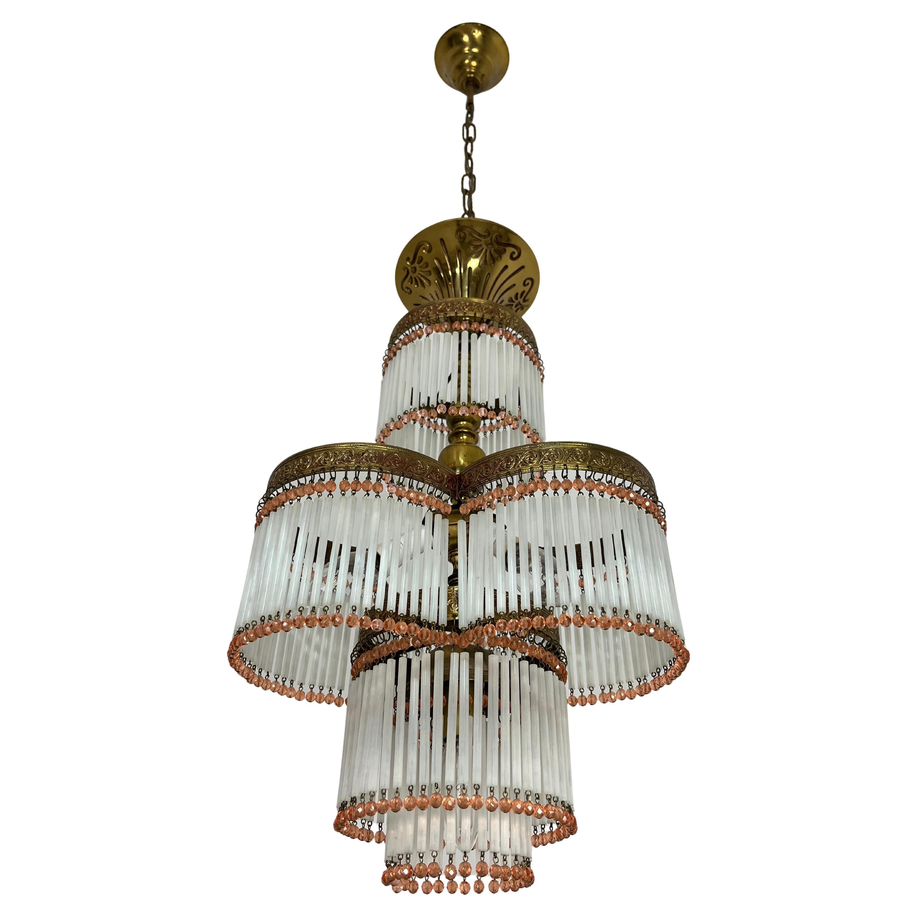 Art Deco 4-Light Chandelier in Brass and Glass, 1940s, colored fringe