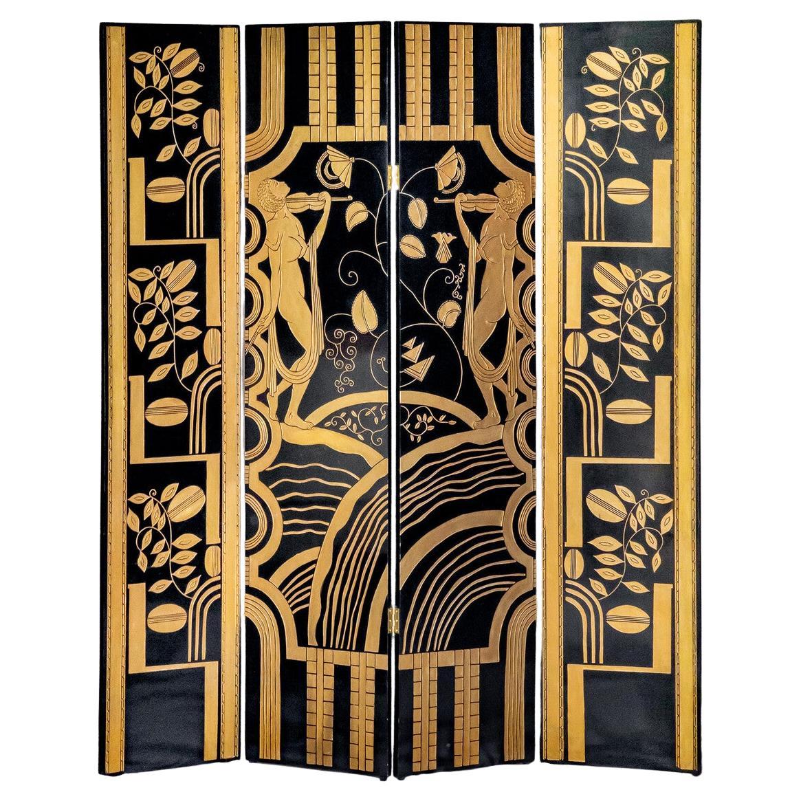 Art Deco 4 Panel Folding Screen attributed to Paul Feher For Sale