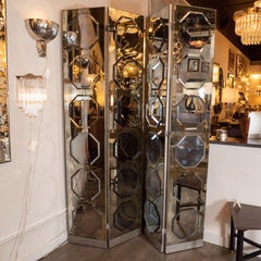 Art Deco 4-Panel Screen Smoked Antique Mirror Screen with Octagonal Appliqués