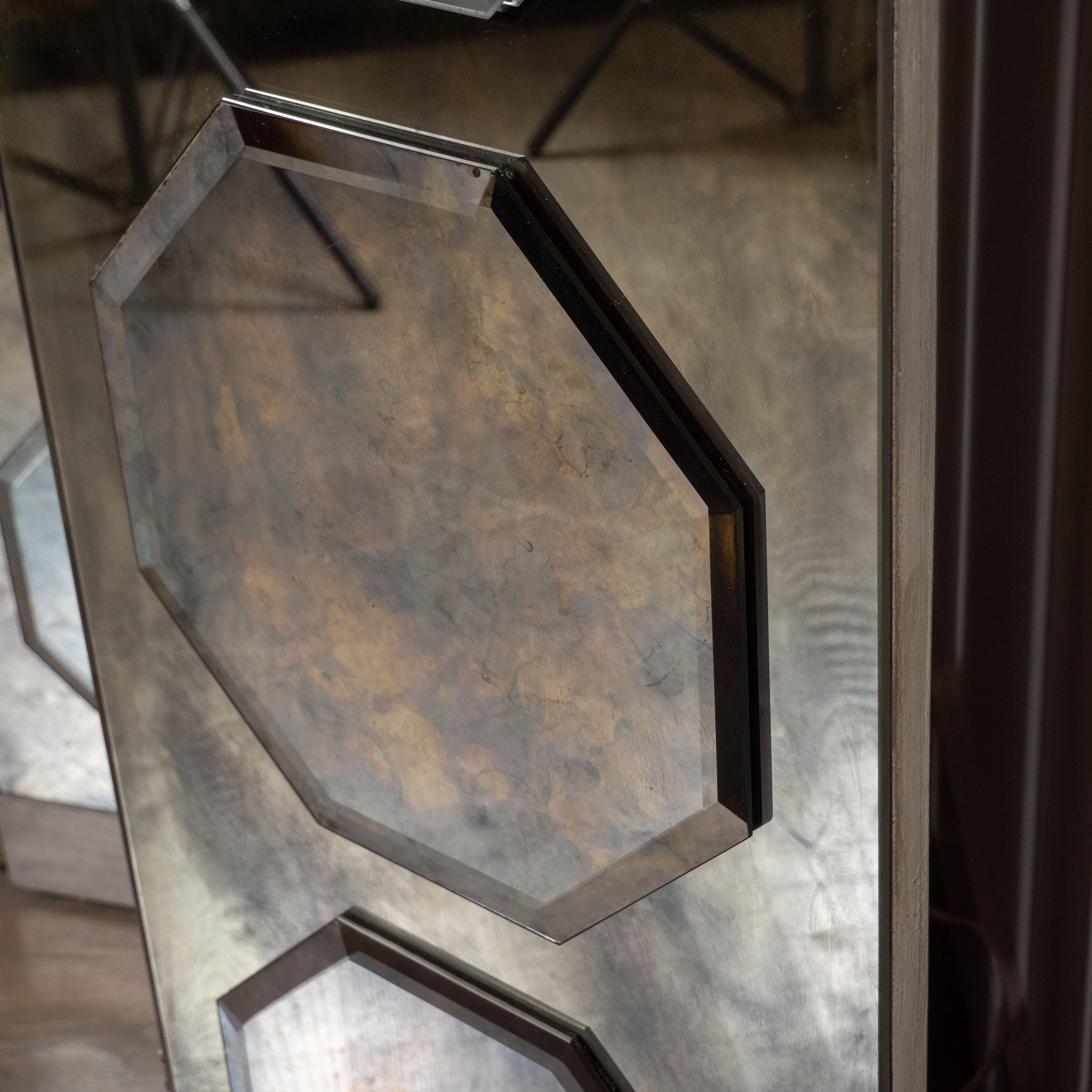 French Art Deco 4-Panel Screen Smoked Antique Mirror Screen with Octagonal Appliqués