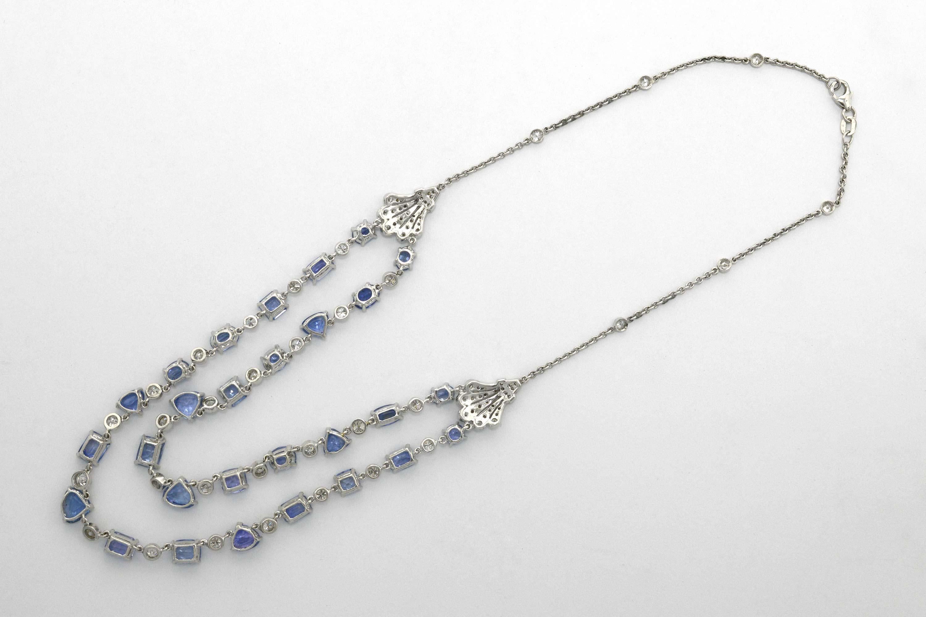 Oval Cut Art Deco Style 40 Carat Certified Natural Blue Sapphire Diamond Bib Necklace