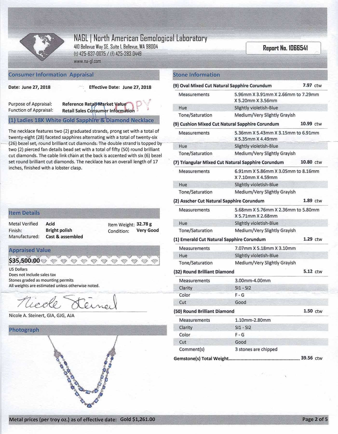Art Deco Style 40 Carat Certified Natural Blue Sapphire Diamond Bib Necklace In Good Condition In Santa Barbara, CA