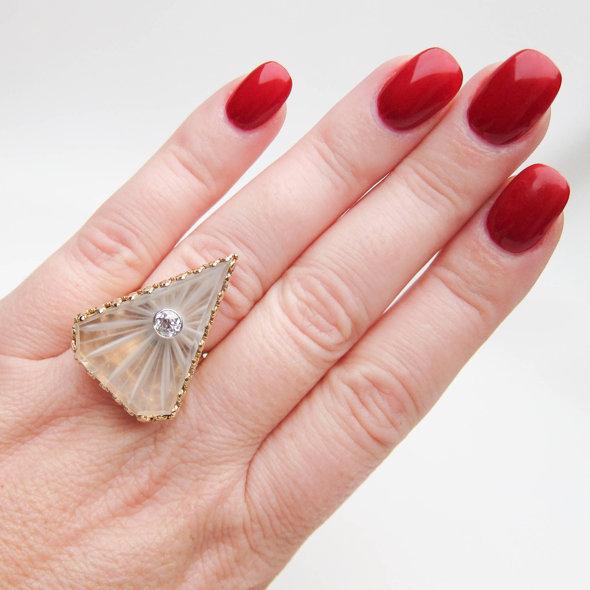 Women's Art Deco .40 Carat Old European-Cut Diamond 14 Karat Gold Rock Crystal Ring For Sale
