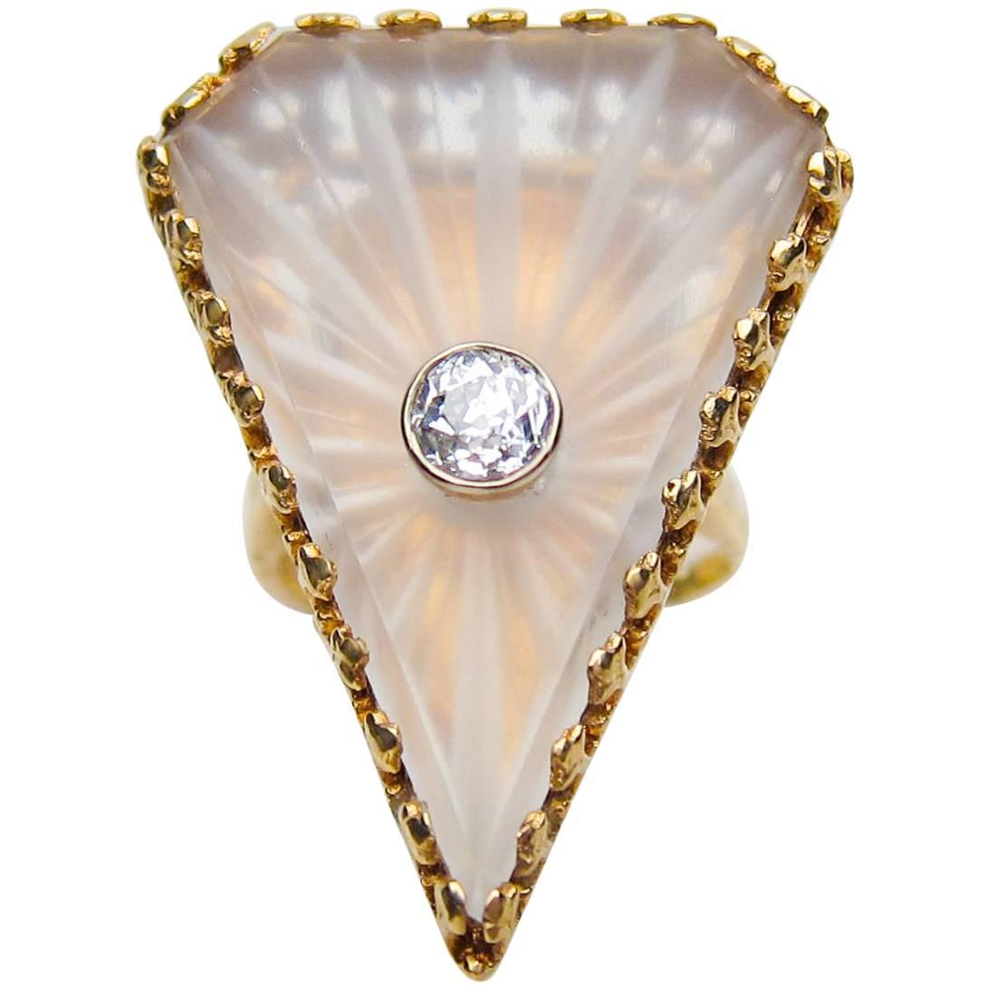 Art Deco .40 Carat Old European-Cut Diamond 14 Karat Gold Rock Crystal Ring For Sale