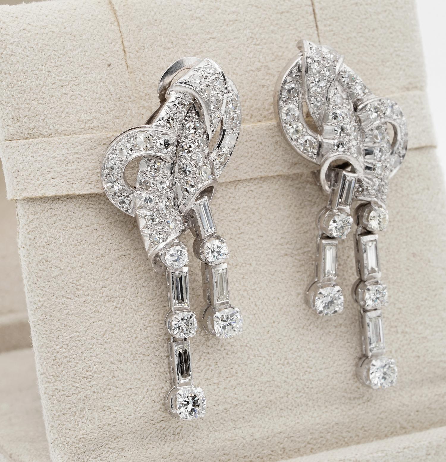 Art Deco 4.0 Ct Diamond Platinum Rare Bow Earrings In Good Condition For Sale In Napoli, IT