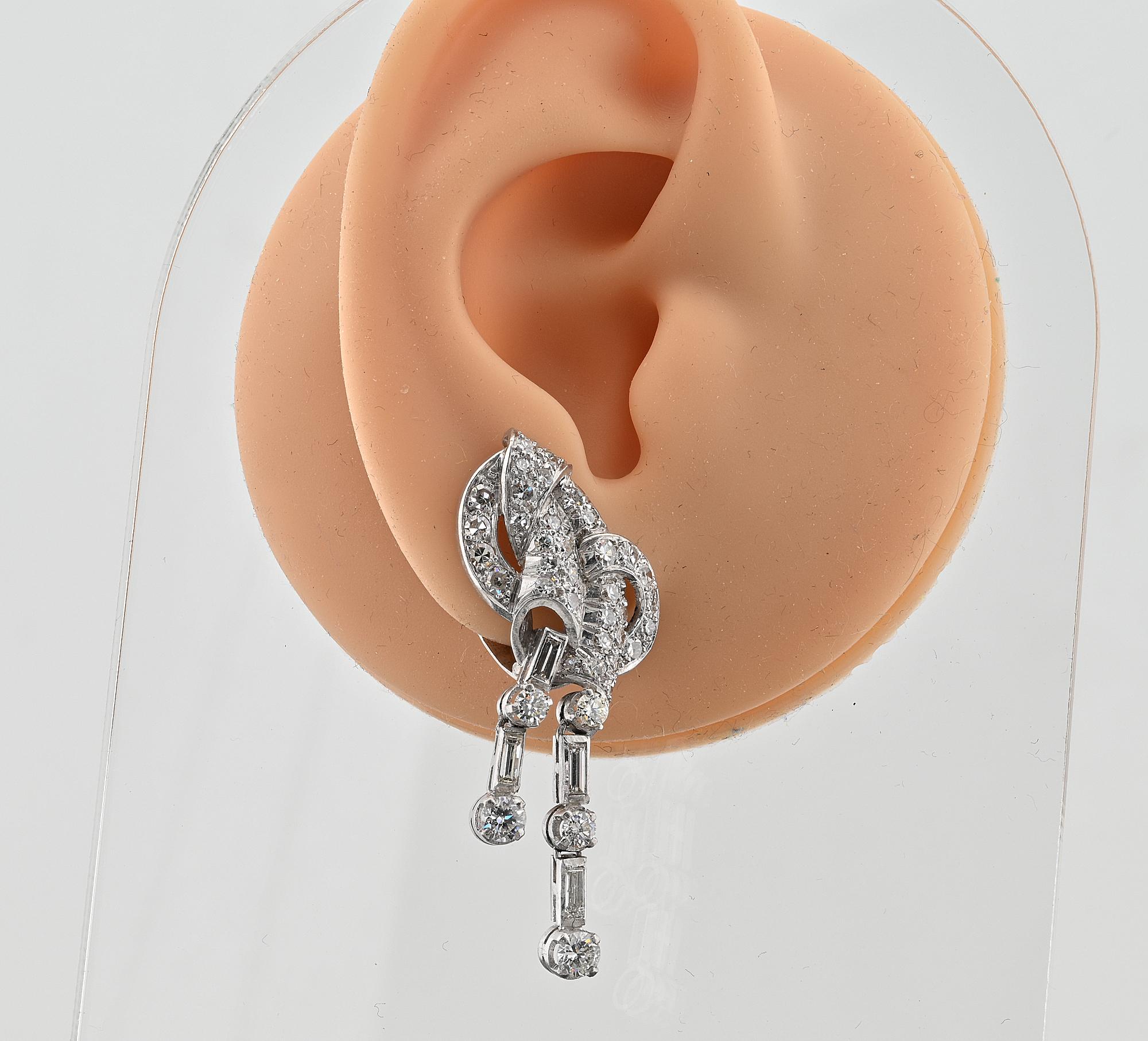 Art Deco 4.0 Ct Diamond Platinum Rare Bow Earrings For Sale 3