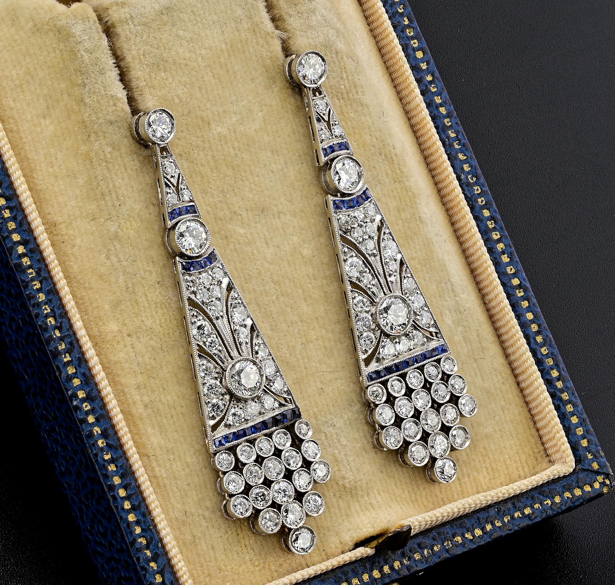 These extraordinary Art Deco earrings are 1920 circa
One of a kind design distinctive of the era hand crafted of solid Platinum
Set with a selection of bright white and full of sparkle old European cut Diamonds totaling approx. 4.0 carats - assessed
