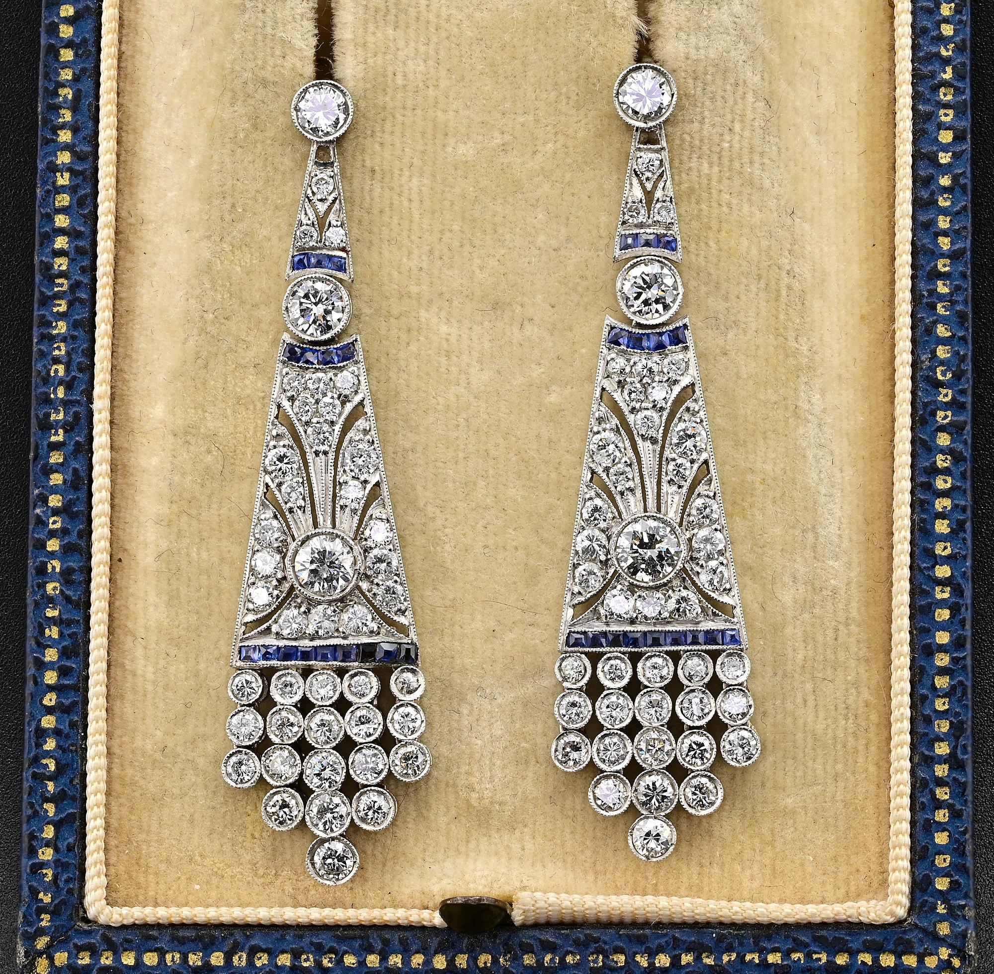 Old European Cut Art Deco 4.0 Ct Diamond Sapphire Platinum Earrings