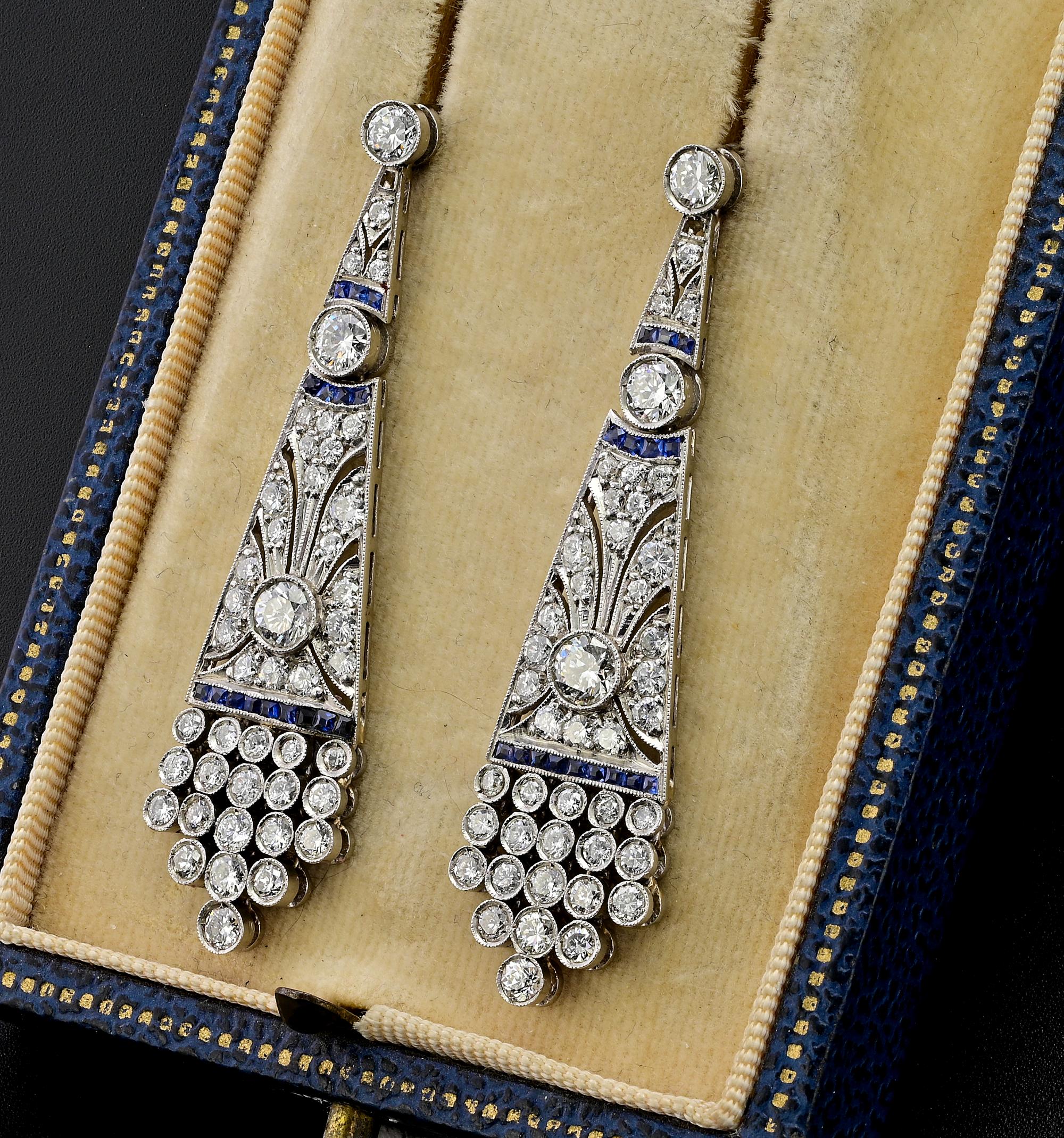 Art Deco 4.0 Ct Diamond Sapphire Platinum Earrings In Good Condition In Napoli, IT