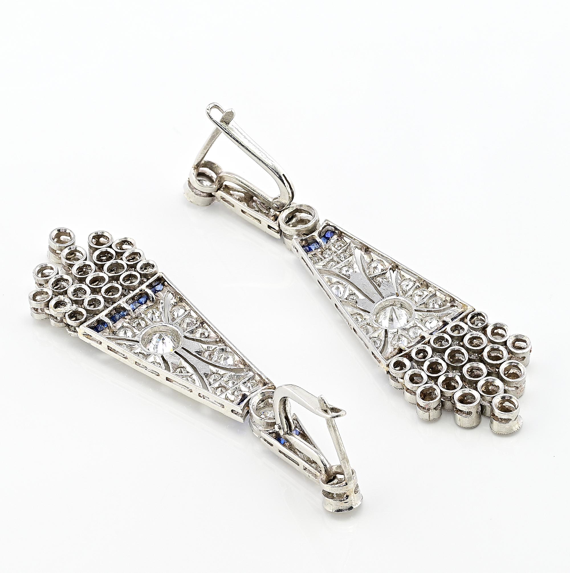 Women's Art Deco 4.0 Ct Diamond Sapphire Platinum Earrings
