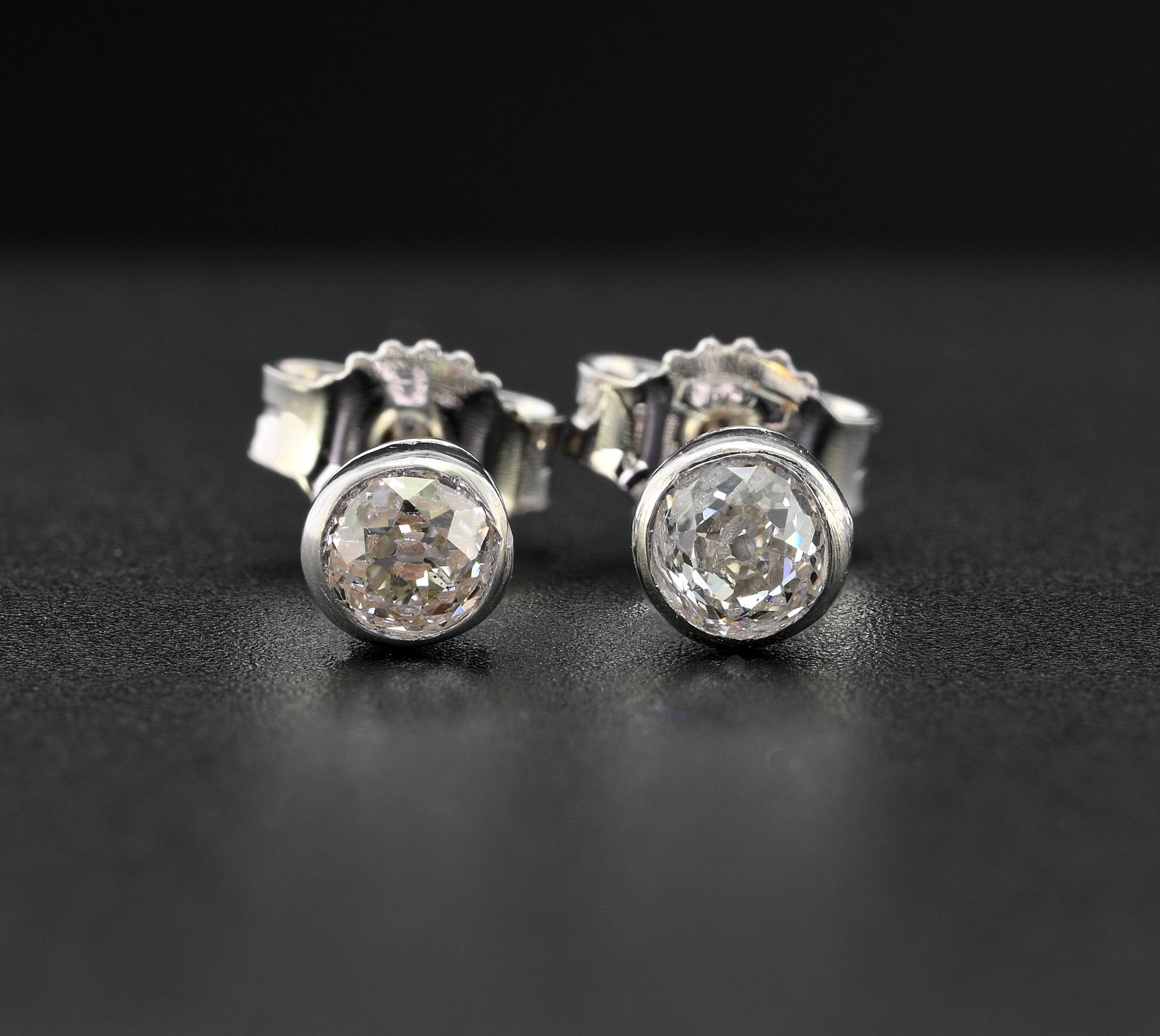 These charming Art Deco Diamond stud earrings are 1920 circa
Hand crafted of solid Platinum rub over mount and 18 Kt white gold for the pin and butterfly fasteners (new replacement)
Set with two old mine cut Diamonds of .40 Ct for both excellent