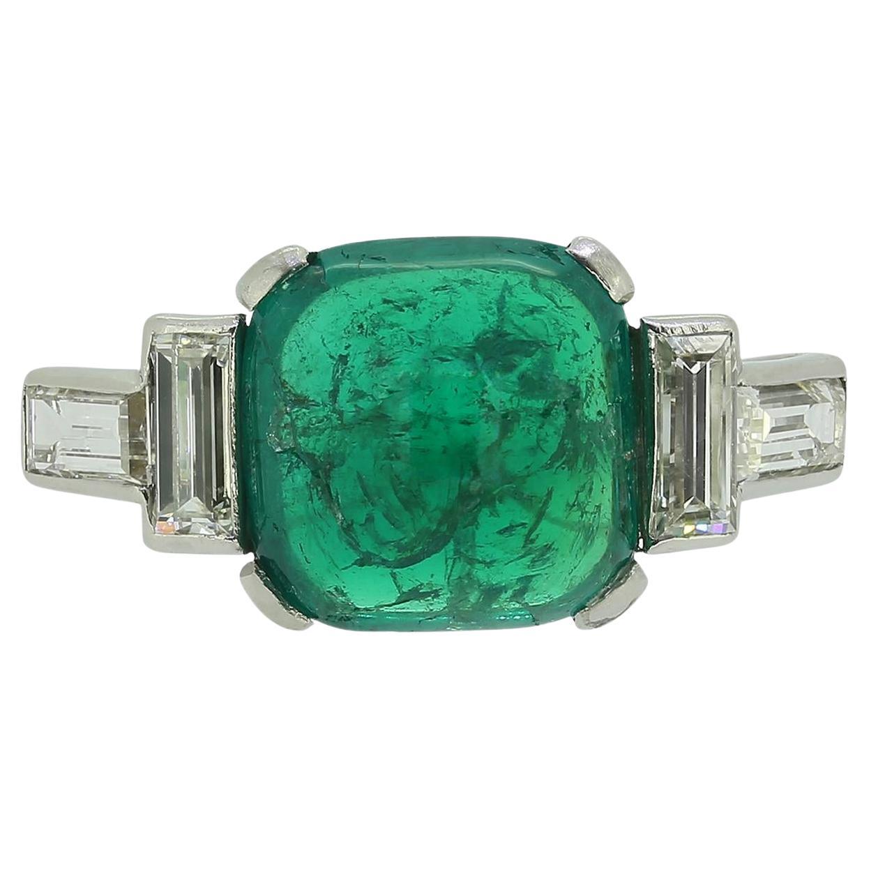 Bague art déco 4,00 carats émeraude colombienne cabochon et diamant