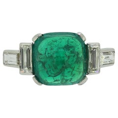 Antique Art Deco 4.00 Carat Colombian Cabochon Emerald and Diamond Ring