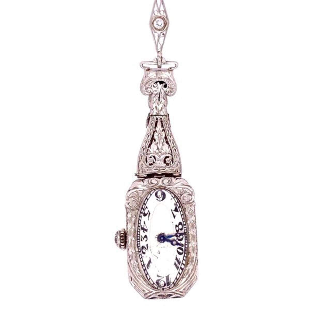 Mixed Cut Art Deco 4.00 Carat Diamond Platinum Watch Pendant Necklace Estate Fine Jewelry For Sale