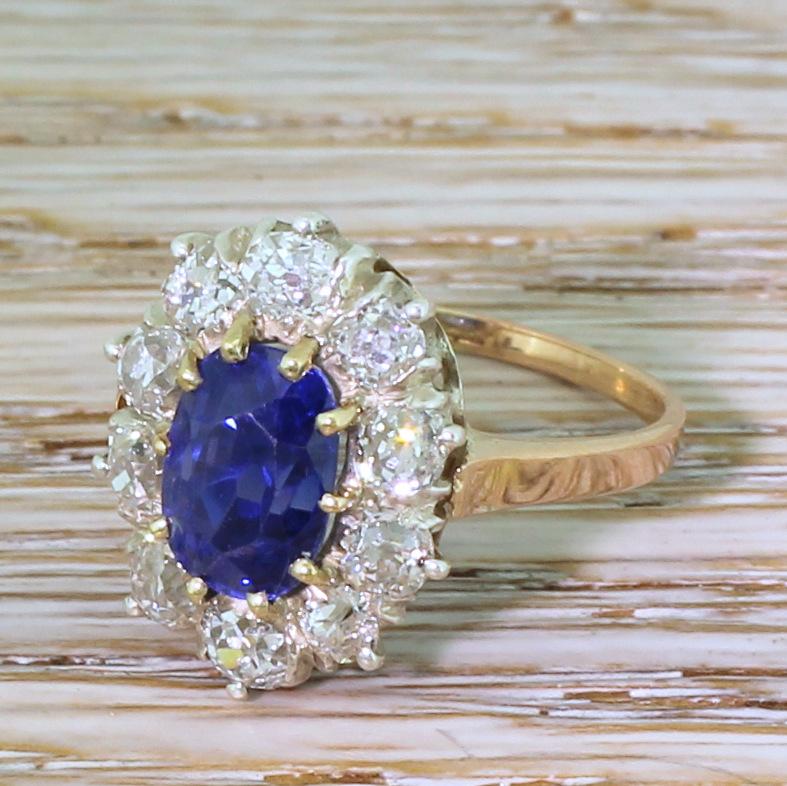 Art Deco 4.00 Carat Natural Ceylon Sapphire and Old Cut Diamond Ring 2
