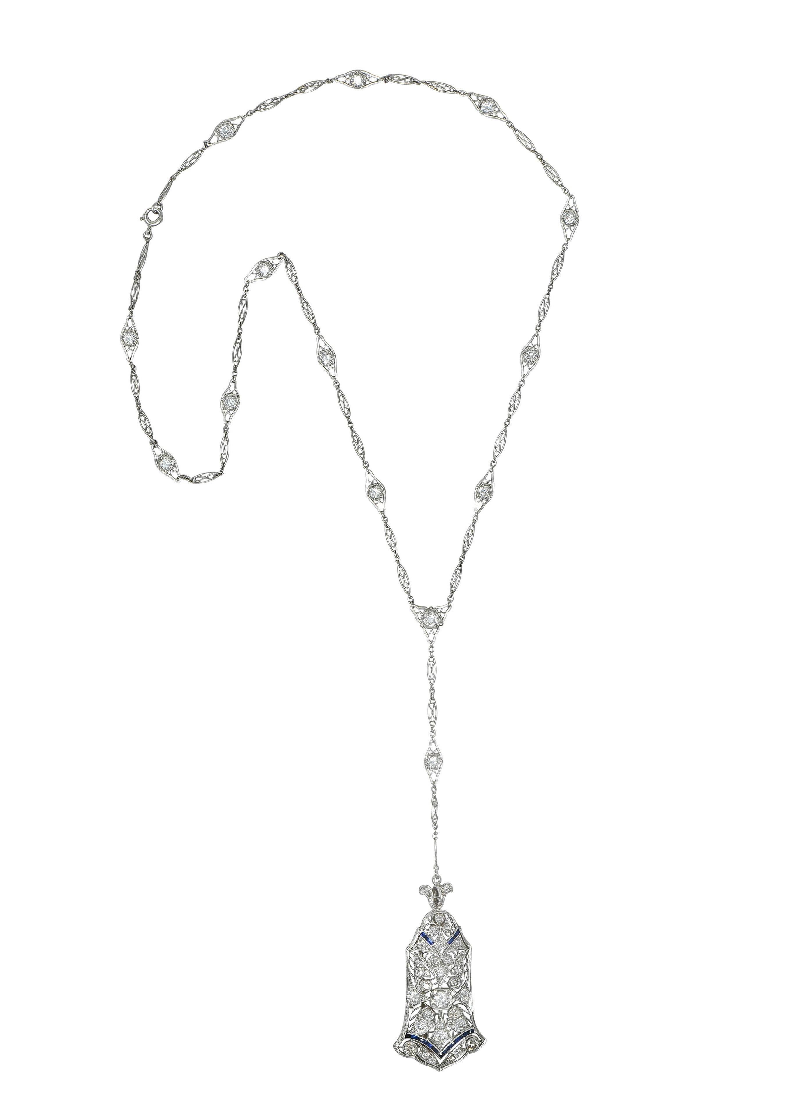 Old European Cut Art Deco 4.00 CTW Diamond Sapphire Platinum Vintage Sartuoir Pendant Necklace For Sale