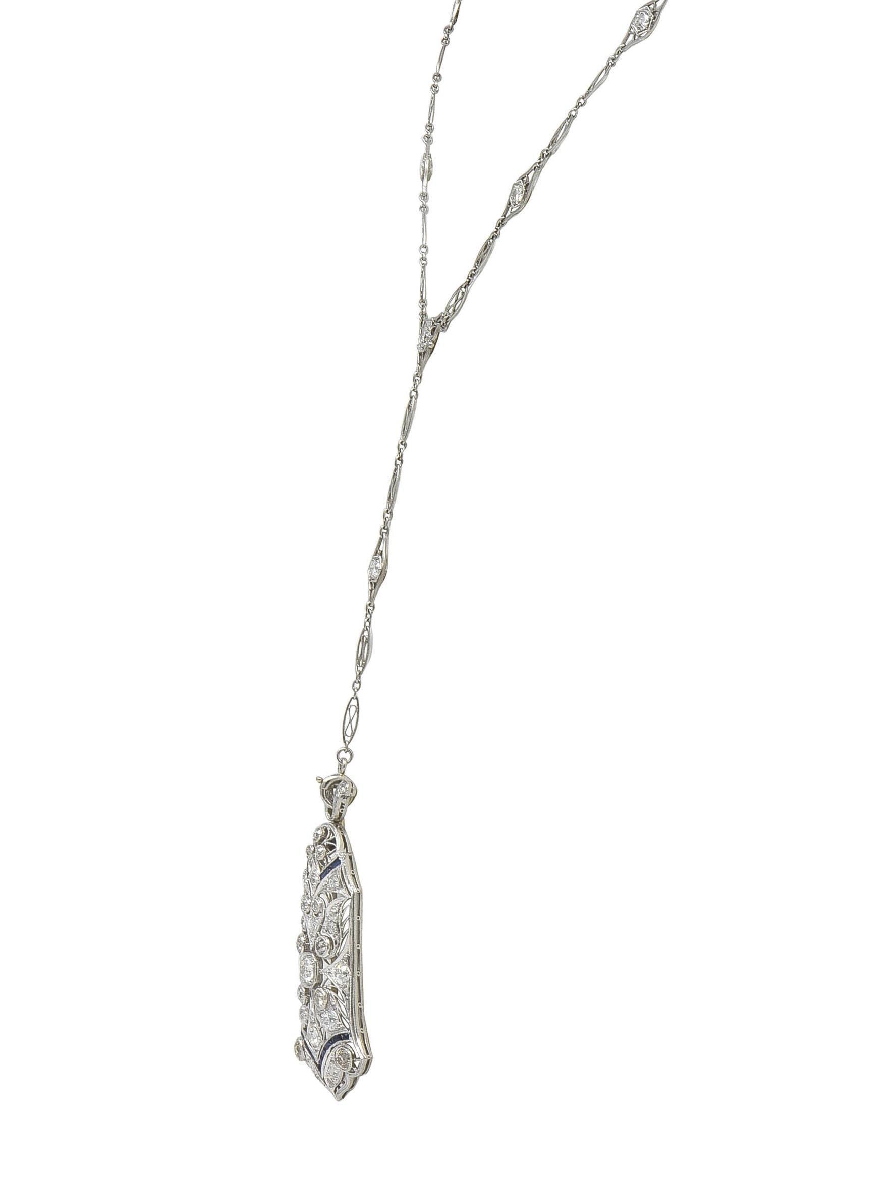 Art Deco 4.00 CTW Diamond Sapphire Platinum Vintage Sartuoir Pendant Necklace In Excellent Condition For Sale In Philadelphia, PA