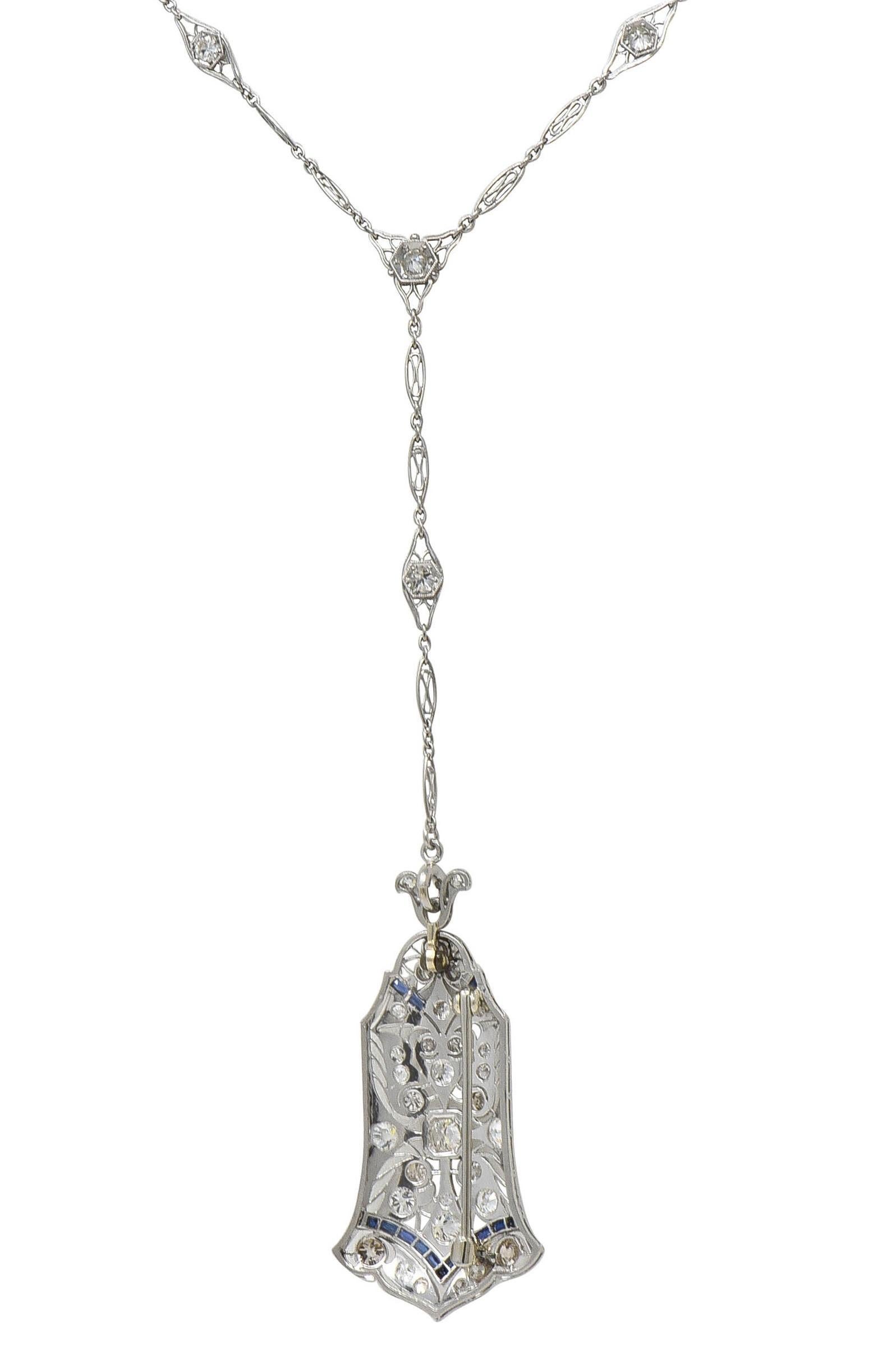 Women's or Men's Art Deco 4.00 CTW Diamond Sapphire Platinum Vintage Sartuoir Pendant Necklace For Sale