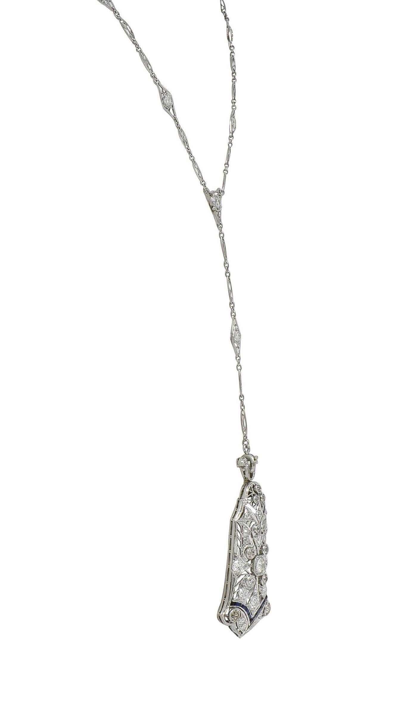 Art Deco 4.00 CTW Diamond Sapphire Platinum Vintage Sartuoir Pendant Necklace For Sale 1
