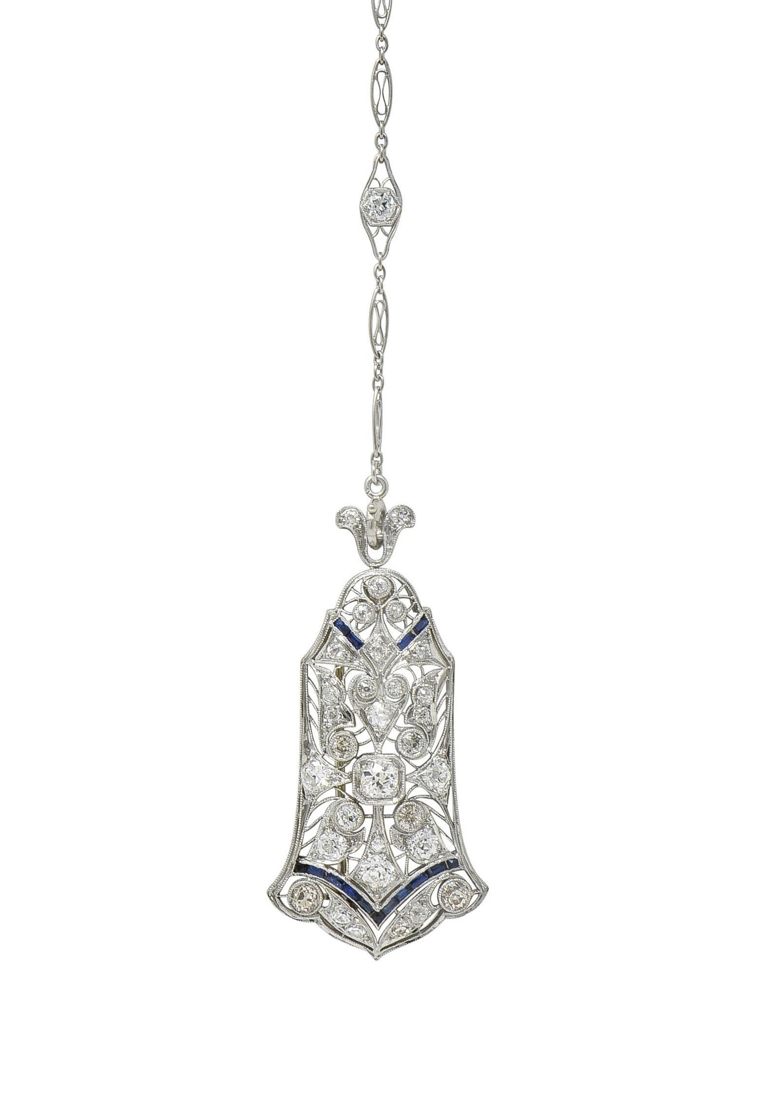 Art Deco 4.00 CTW Diamond Sapphire Platinum Vintage Sartuoir Pendant Necklace For Sale 2