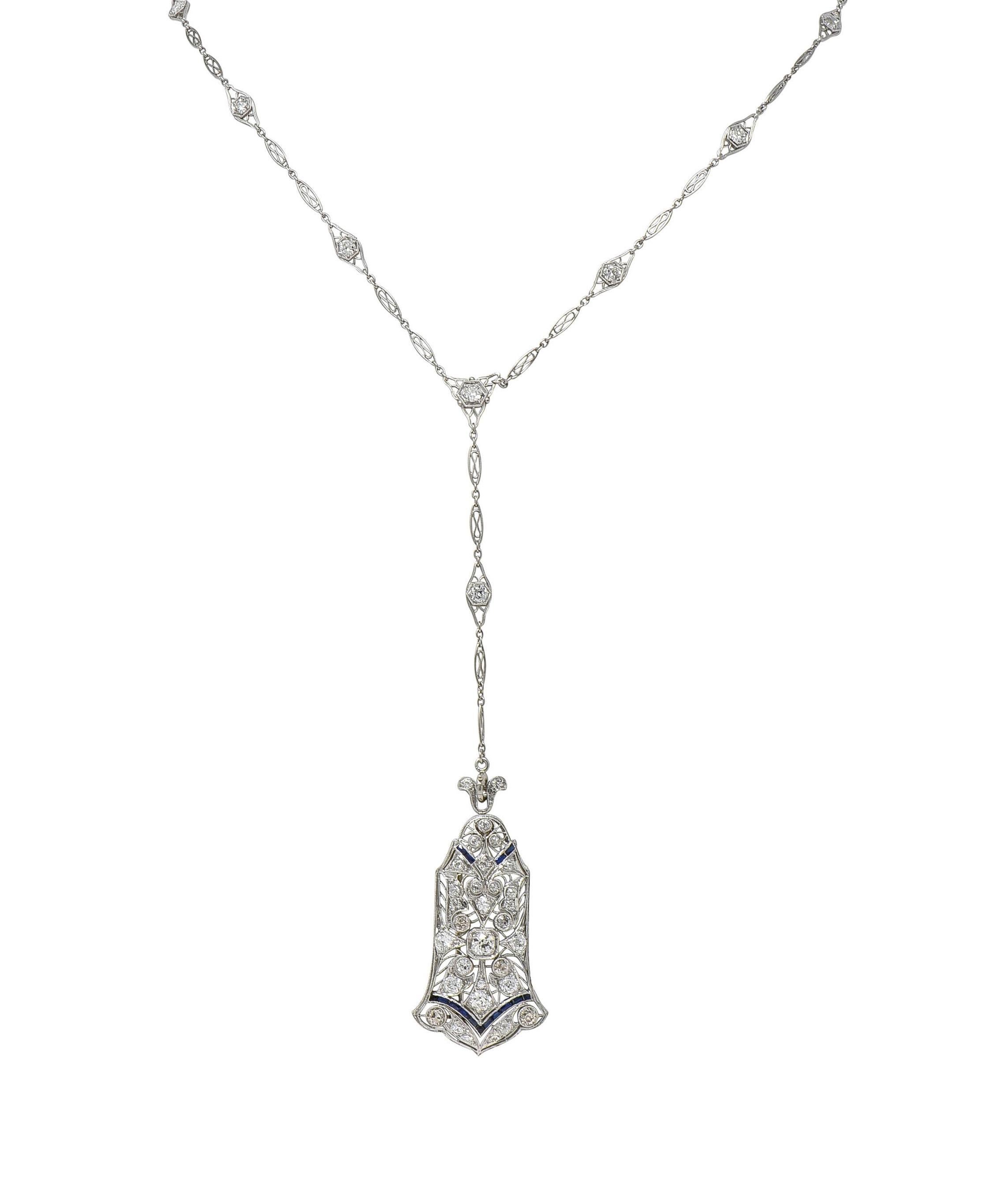 Art Deco 4.00 CTW Diamond Sapphire Platinum Vintage Sartuoir Pendant Necklace For Sale 3