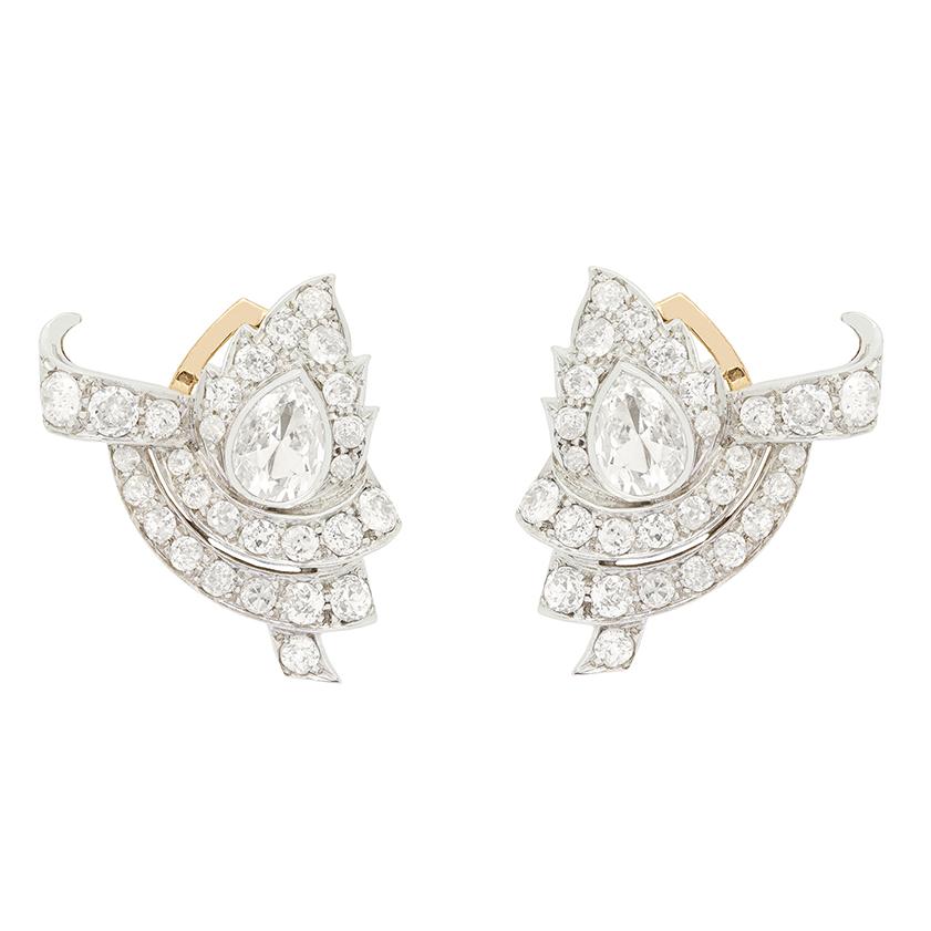 Brilliant Cut Art Deco 4.00ct Diamond Leaf Cluster Earrings, c.1920s For Sale