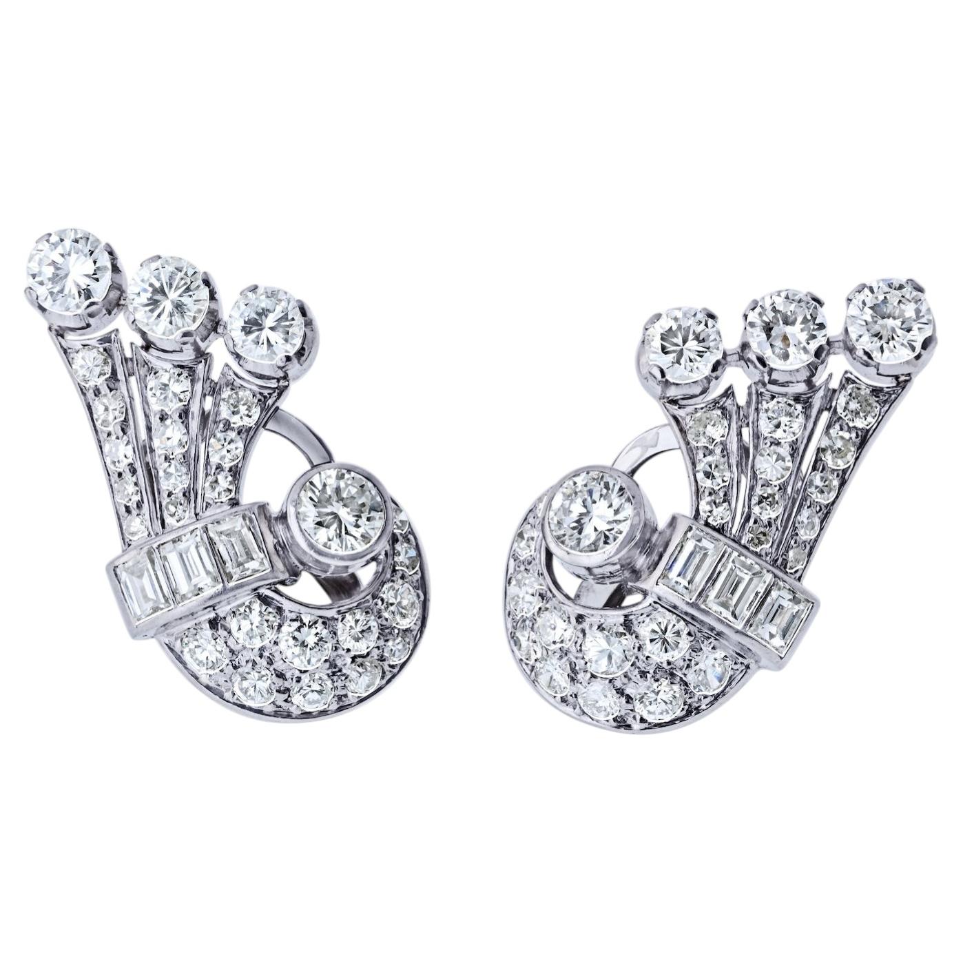 Art Deco 4.00cttw Platinum Diamond Climber Earrings For Sale