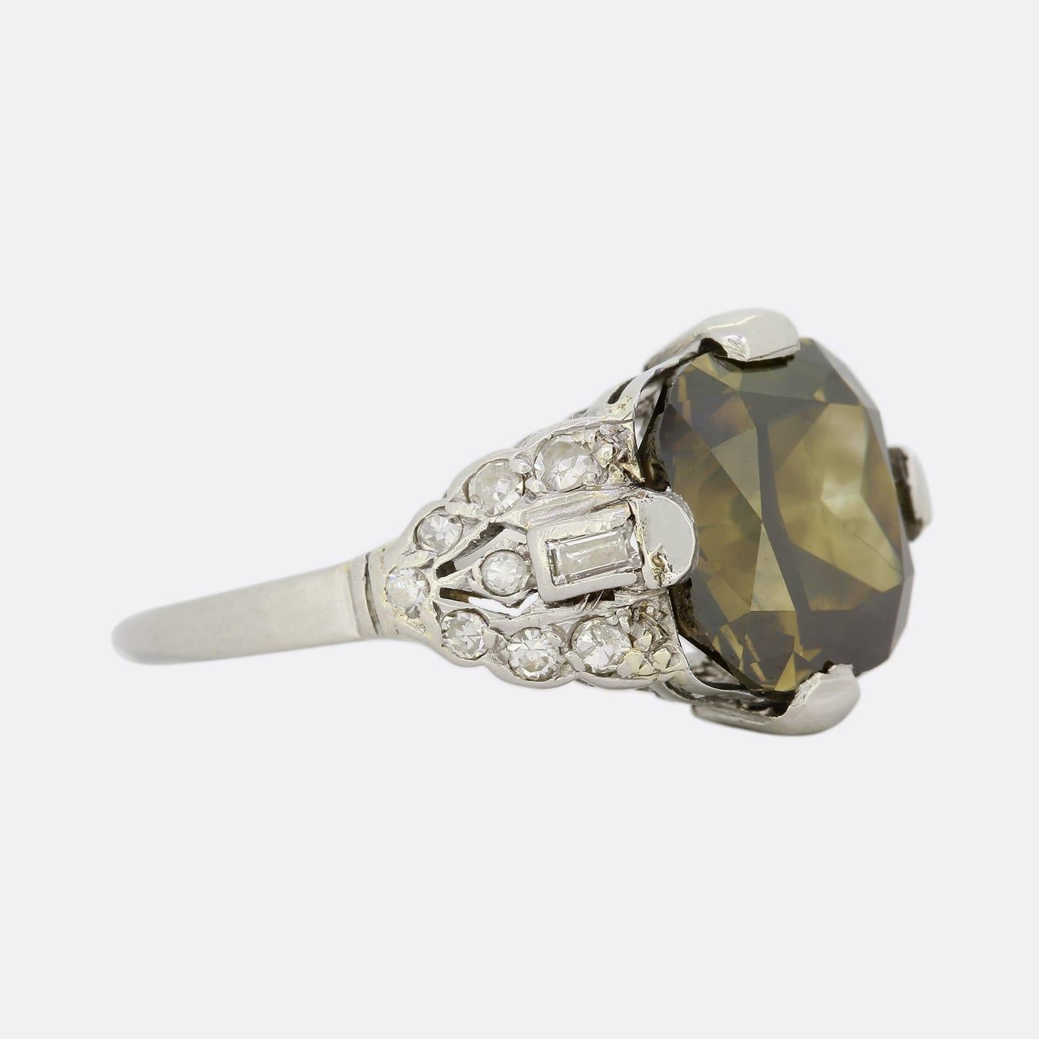 Art Deco 4.01 Carat Fancy Dark Yellow Grey Cushion Cut Diamond Ring In Good Condition For Sale In London, GB