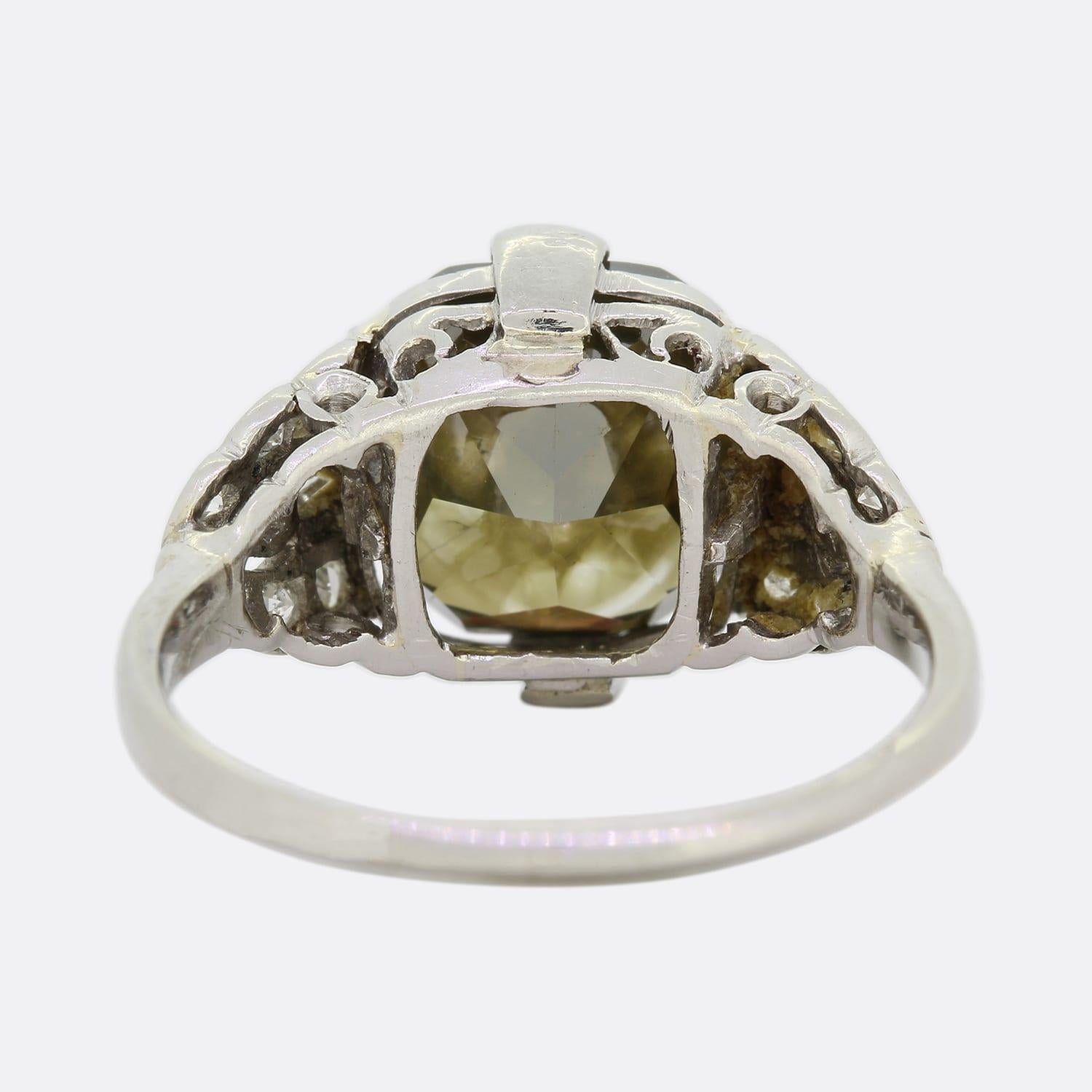 Women's Art Deco 4.01 Carat Fancy Dark Yellow Grey Cushion Cut Diamond Ring For Sale