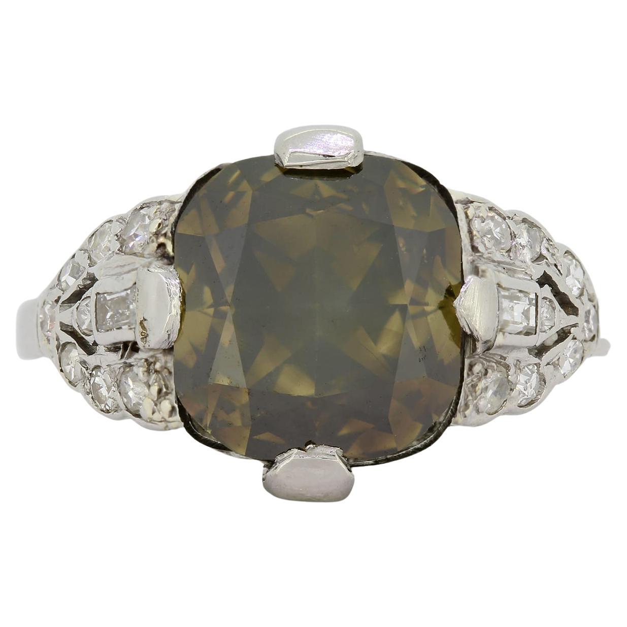 Art Deco 4.01 Carat Fancy Dark Yellow Grey Cushion Cut Diamond Ring For Sale
