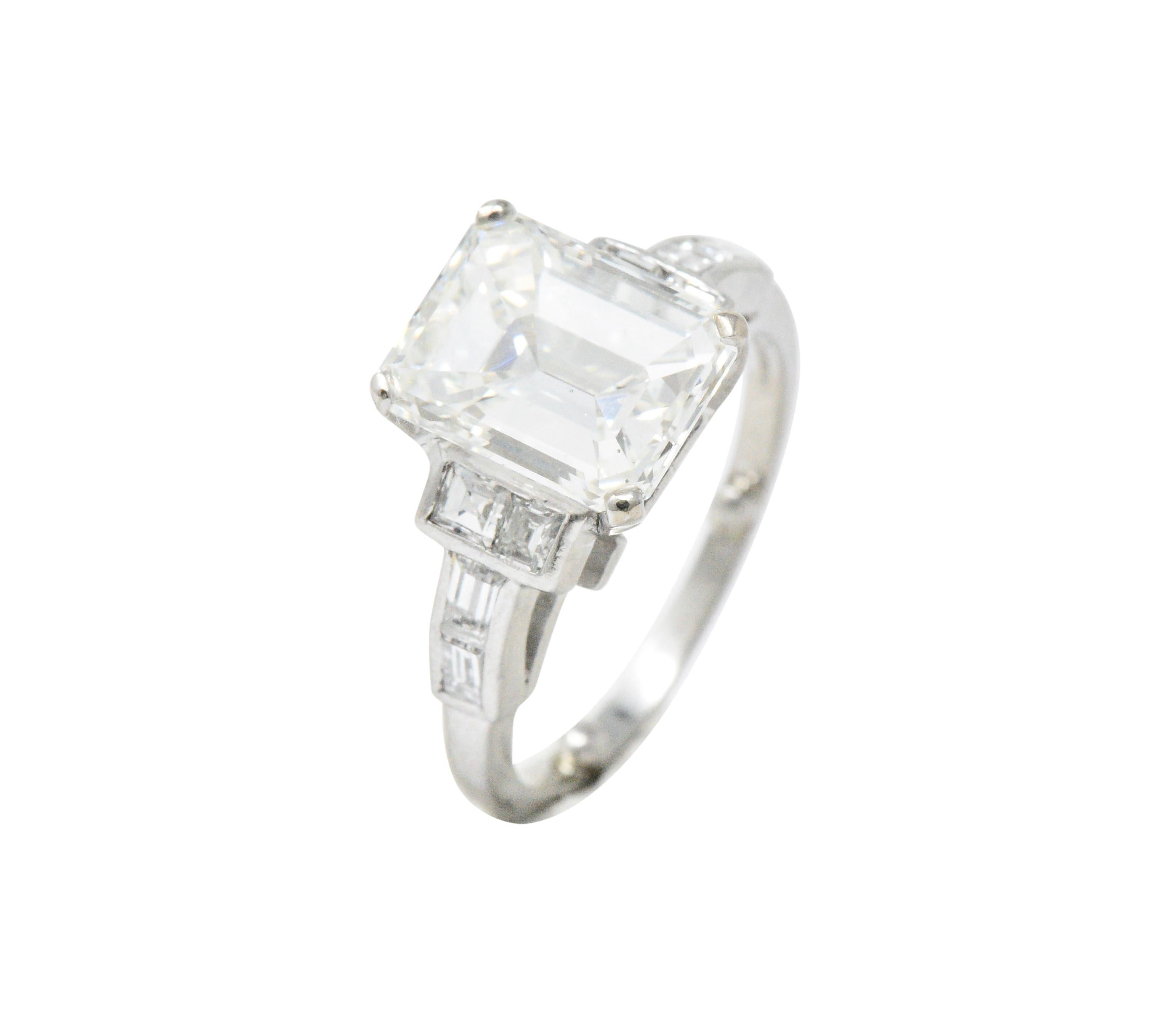 Women's or Men's Art Deco 4.02 Carat Emerald Cut Diamond and Platinum Engagement Ring GIA