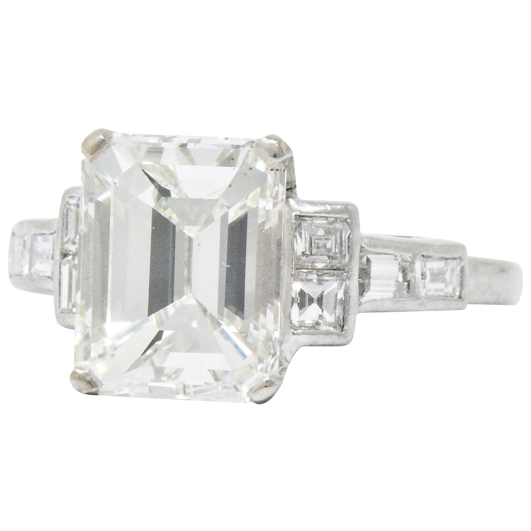 Art Deco 4.02 Carat Emerald Cut Diamond and Platinum Engagement Ring GIA