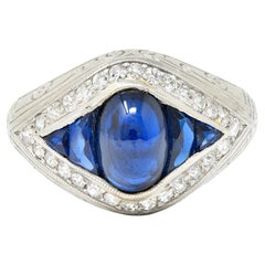 Art Deco 4.03 Carat No Heat Sapphire Diamond Platinum Bombay Halo Ring GIA